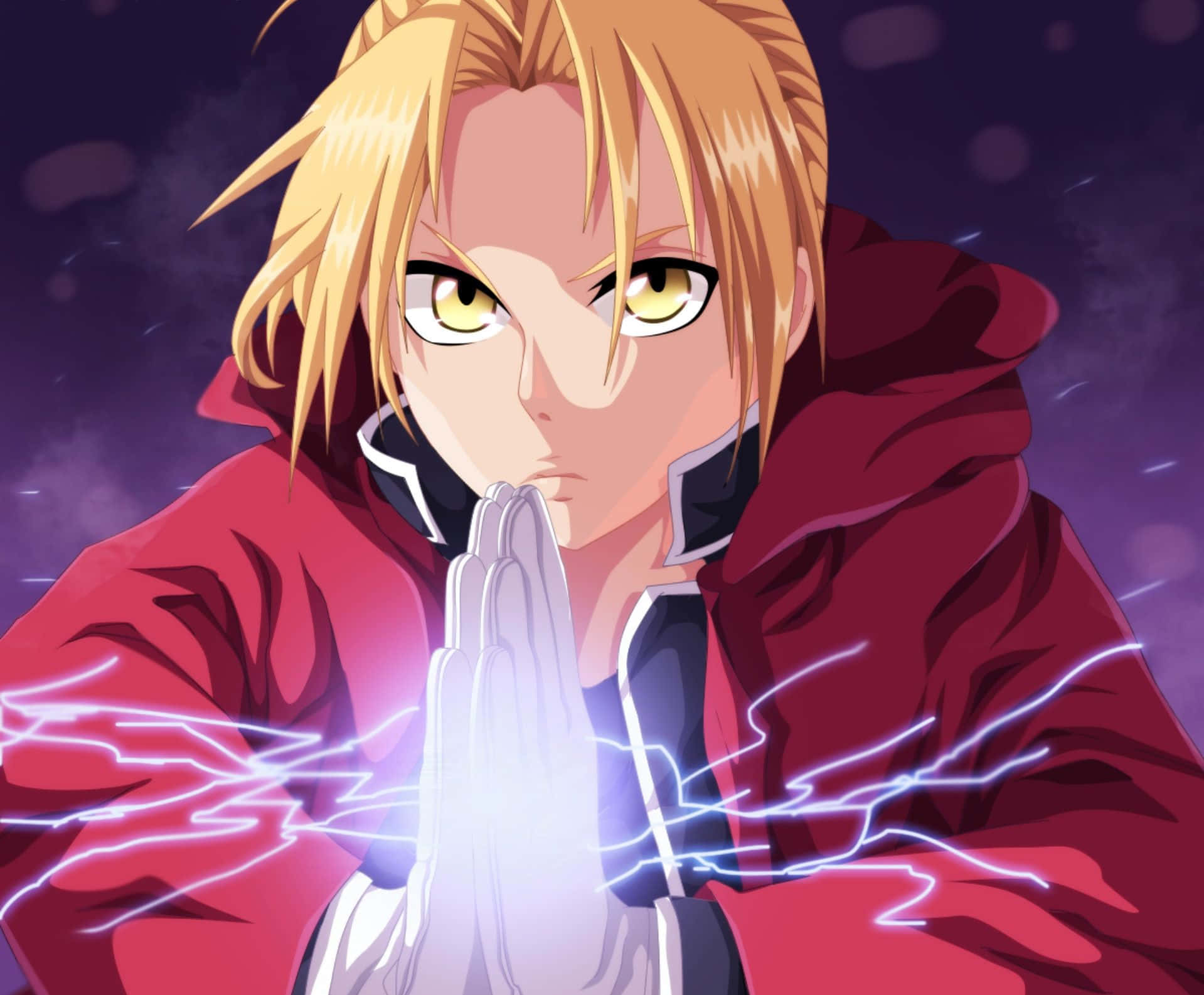 edward elric 桌布 壁紙 — 一個決心堅定的動漫男孩，金髮黃眼，在深紫色背景前，雙手合攏之間引導著發光的閃電。