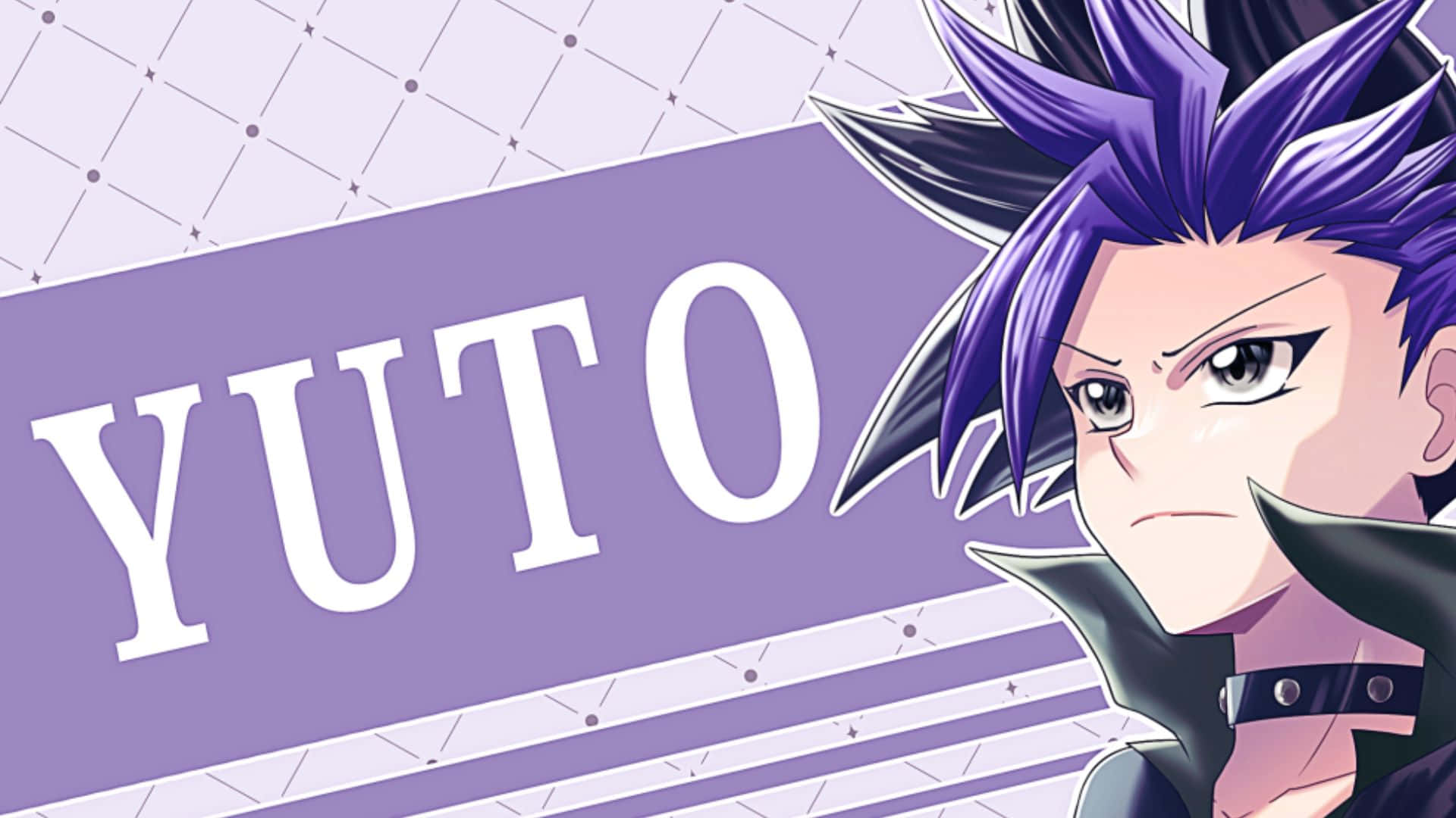 Yu-gi-oh Yuto 桌布 壁紙 — 一個決心堅定的動漫角色，擁有尖刺的紫色頭髮和銳利的眼睛，在一個風格化的紫色和白色背景前凝視前方，上面寫著名字YUTO。