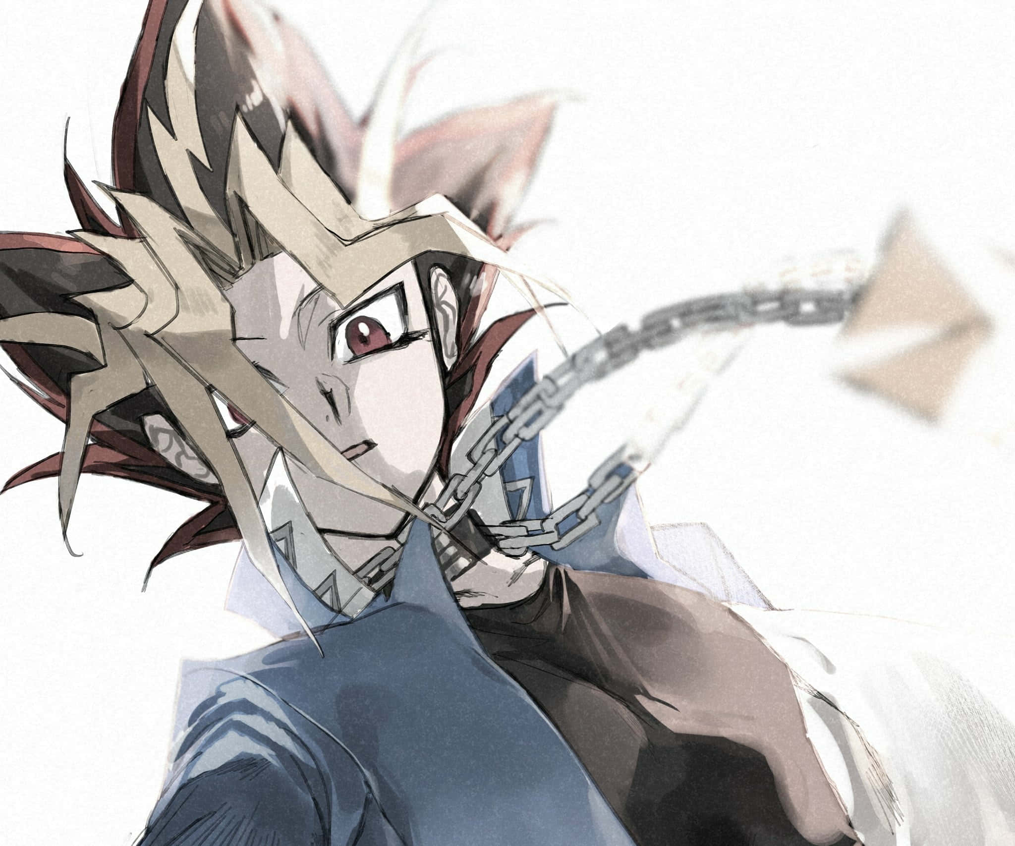 Yugi Muto 桌布 壁紙 — 一個決心堅定的動漫角色，擁有尖刺頭髮和紅色眼睛，在純白背景下揮舞著鎖鏈武器。