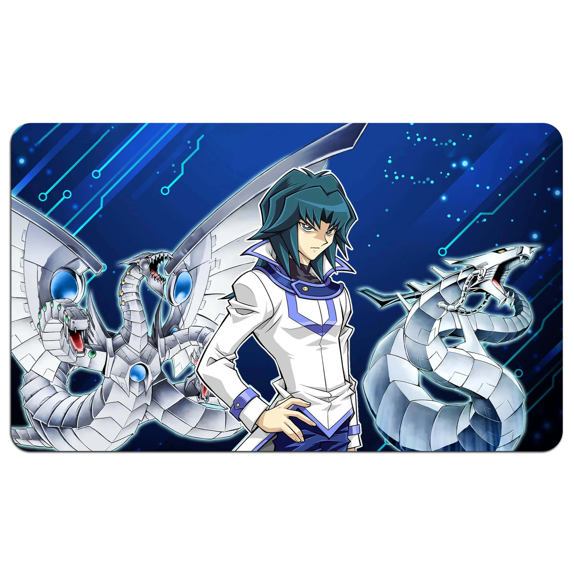 Zane Truesdale 桌布 壁紙 — 一個決心堅定的動漫角色，擁有青色頭髮，自信地站立，兩側是兩條機械銀龍，背景是發光的藍色數碼星域。