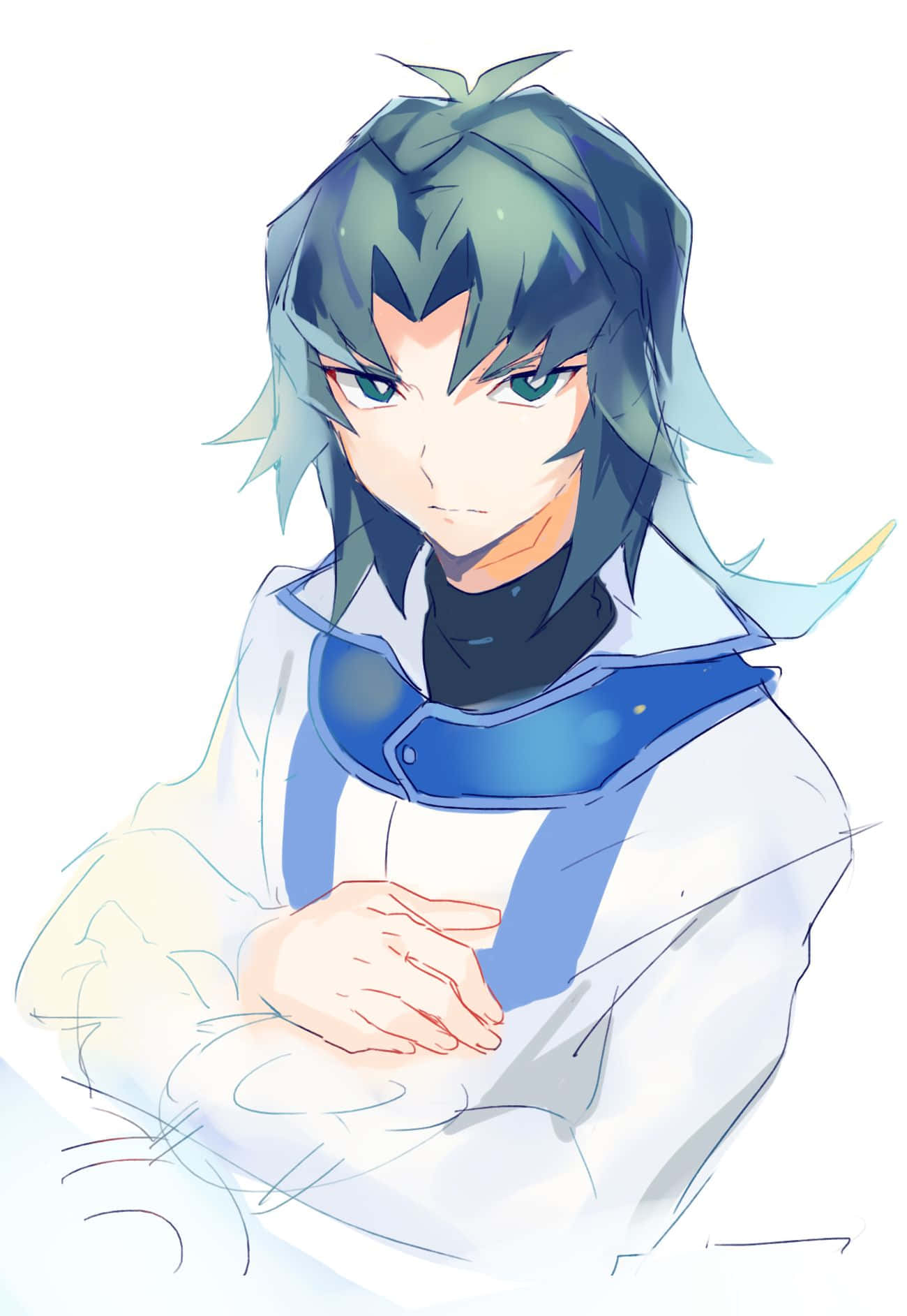 Zane Truesdale 桌布 壁紙 — 一個決心堅定的動漫角色，擁有青色頭髮和藍色眼睛，穿著白色和藍色的服裝，雙臂交叉，站在純白色背景前。