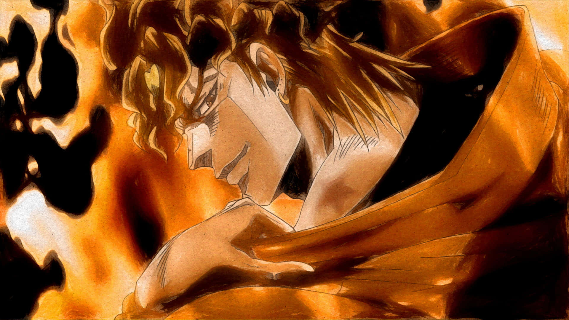 Dio Brando 桌布 壁紙 — 一個決心堅定的動漫角色，頭髮尖刺，在旋轉的橙色火焰和黑暗陰影中緊握拳頭。