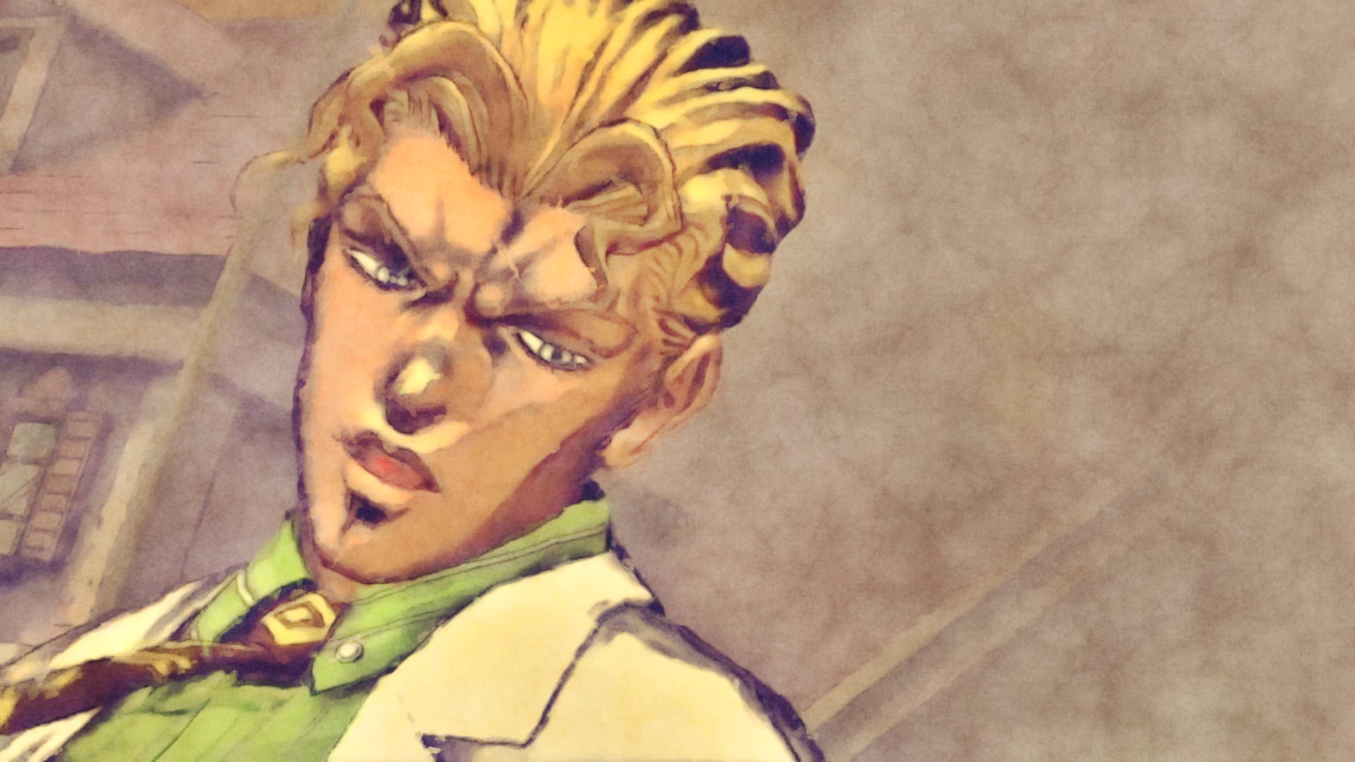 Jojo 4K Yoshikage Kira 壁紙 — 一個決心堅定的動漫角色特寫，擁有尖刺金髮和強烈的藍色眼睛，穿著綠色襯衫和白色外套。