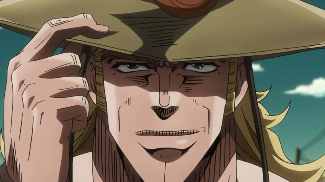 Hol Horse 桌布 壁紙 — 一個決心堅定的動畫男子，金髮，戴著寬邊帽，在明亮的天空下調整他的帽子。