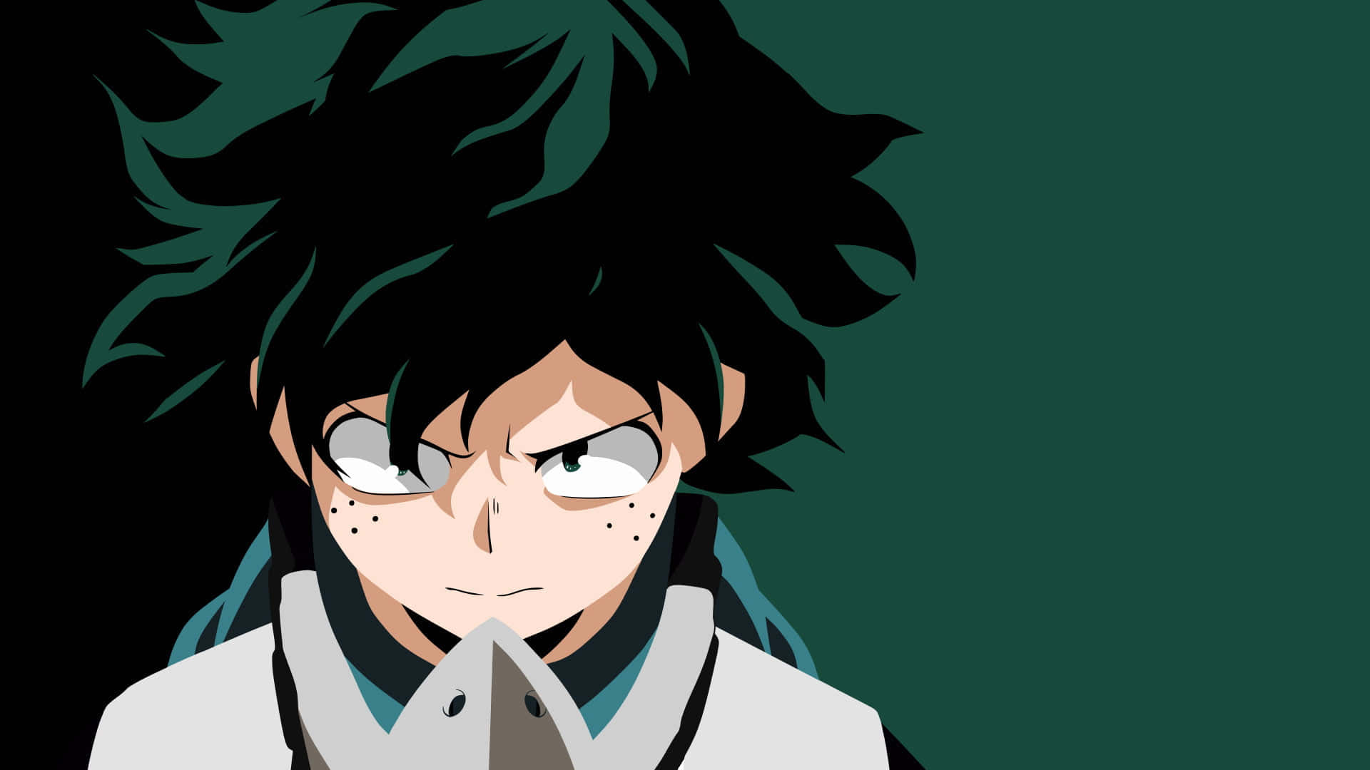 Minimalistic Picture Of Deku 壁紙 — 一個決心堅定的動畫男孩，擁有刺狀黑髮和雀斑，在深綠色背景下強烈凝視。