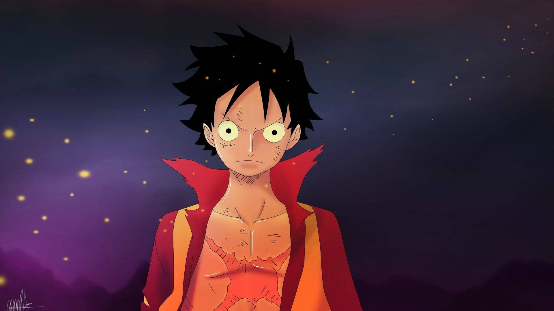 Luffy Aesthetic 桌布 壁紙 — 一個決心堅定的動畫男孩，擁有尖刺黑髮和發光的眼睛，站在繁星點點的紫色夜空下。