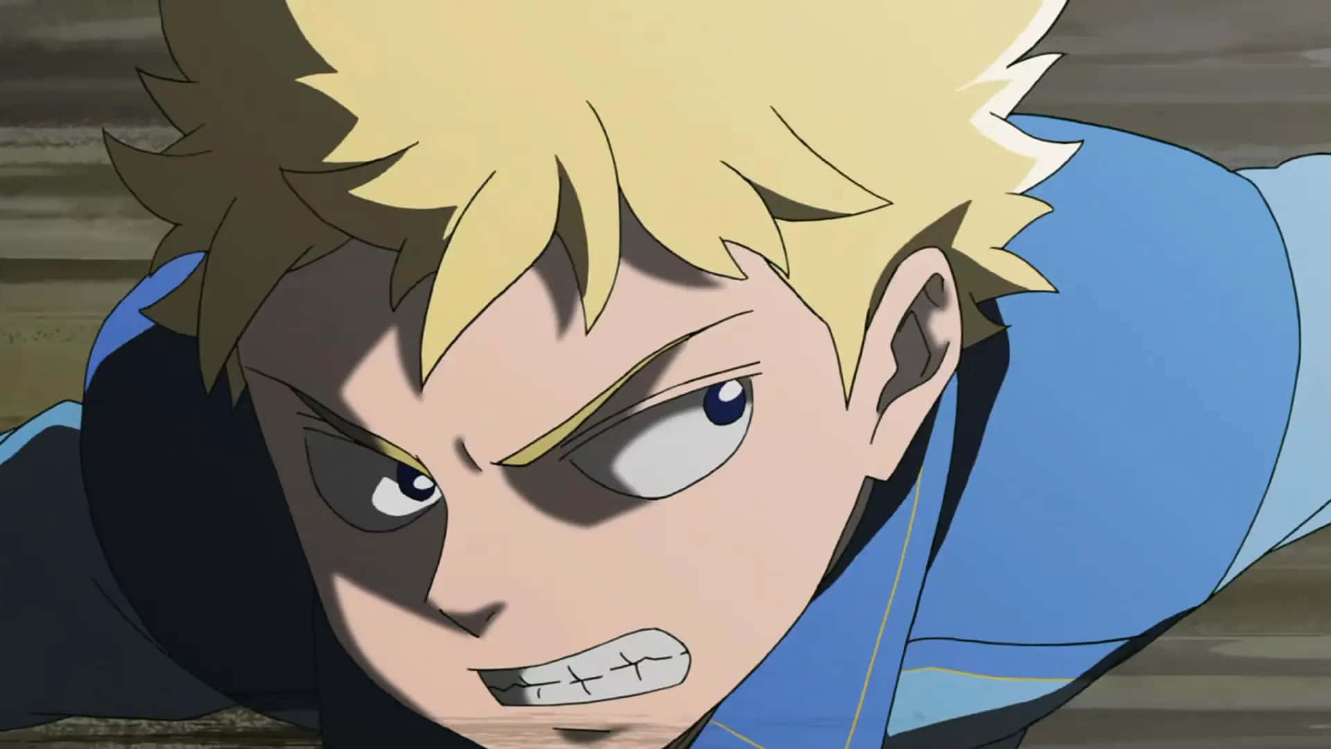 Teruki Hanazawa 桌布 壁紙 — 一個決心堅定的動畫男孩，擁有尖刺金髮和強烈的藍色眼睛，在特寫鏡頭中咬緊牙關。