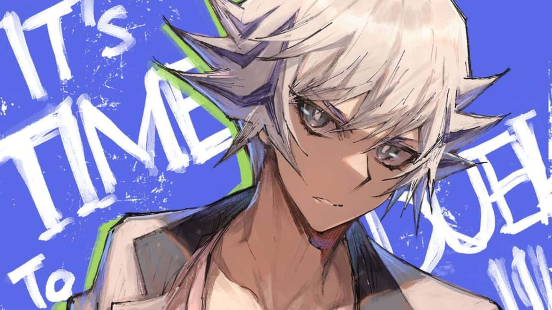 Ryoken Kogami 桌布 壁紙 — 一個決心堅定的動畫男孩，擁有尖刺白髮和銳利眼神，在充滿活力的藍色背景上，搭配粗體白色文字，直視前方。