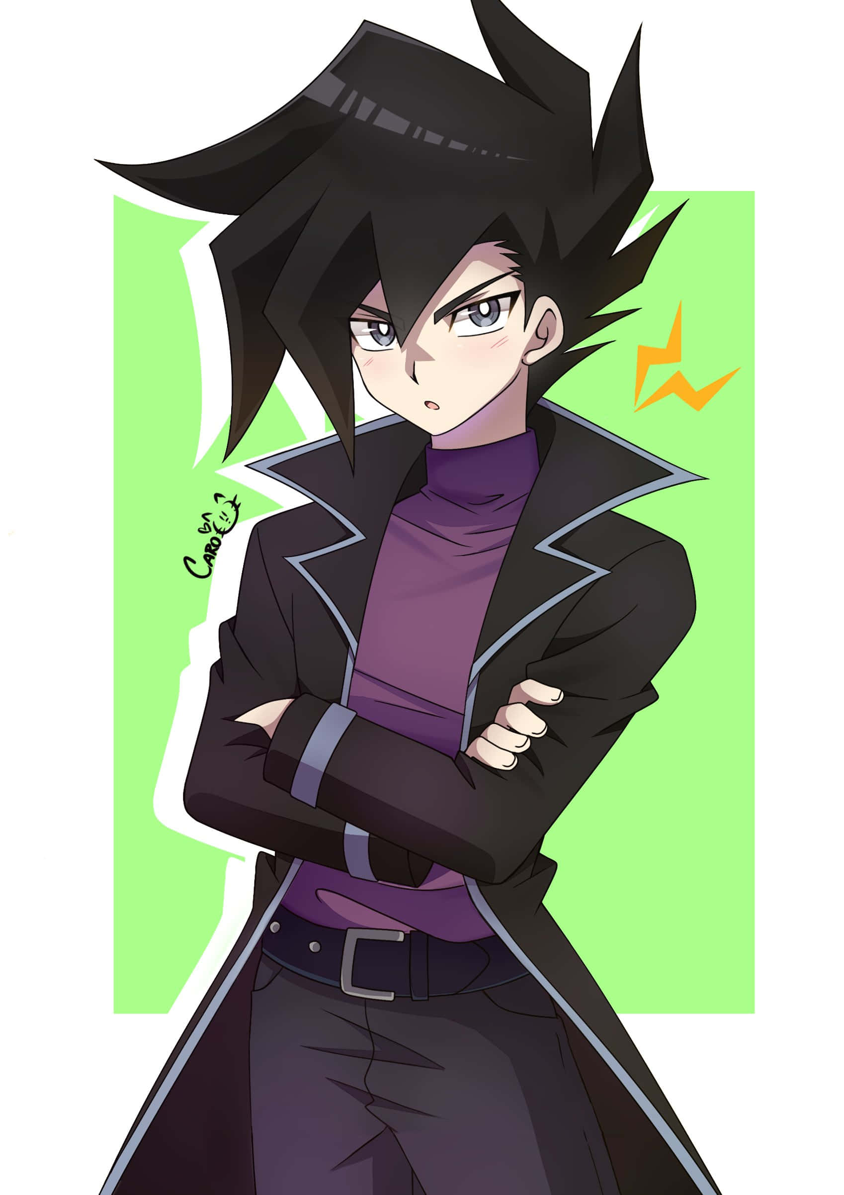 Chazz Princeton 桌布 壁紙 — 一個決心堅定的動畫男孩，擁有黑色刺蝟頭和紫色服裝，在明亮的綠色背景前自信地交叉雙臂站立。