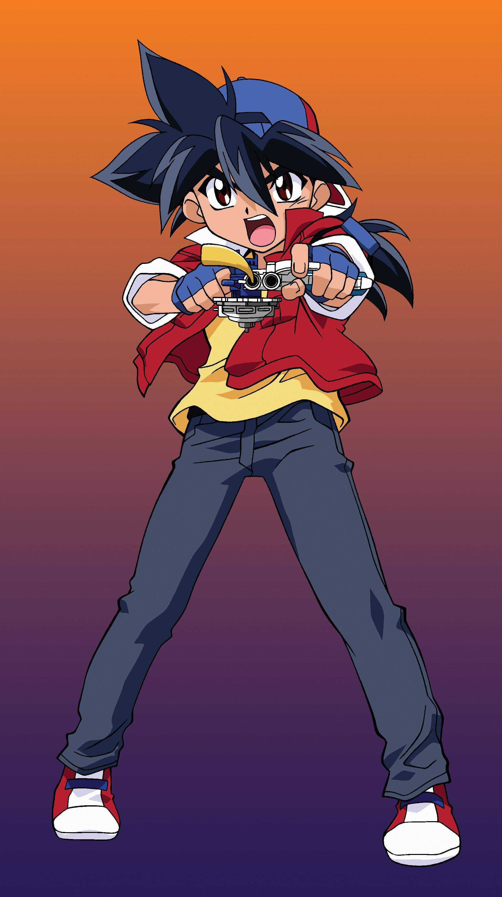 Beyblade 桌布 壁紙 — 一個決心堅定的動畫男孩，有著刺蝟般的黑色頭髮和紅色外套，正對著一個從橙色到紫色的漸變背景瞄準發射器。