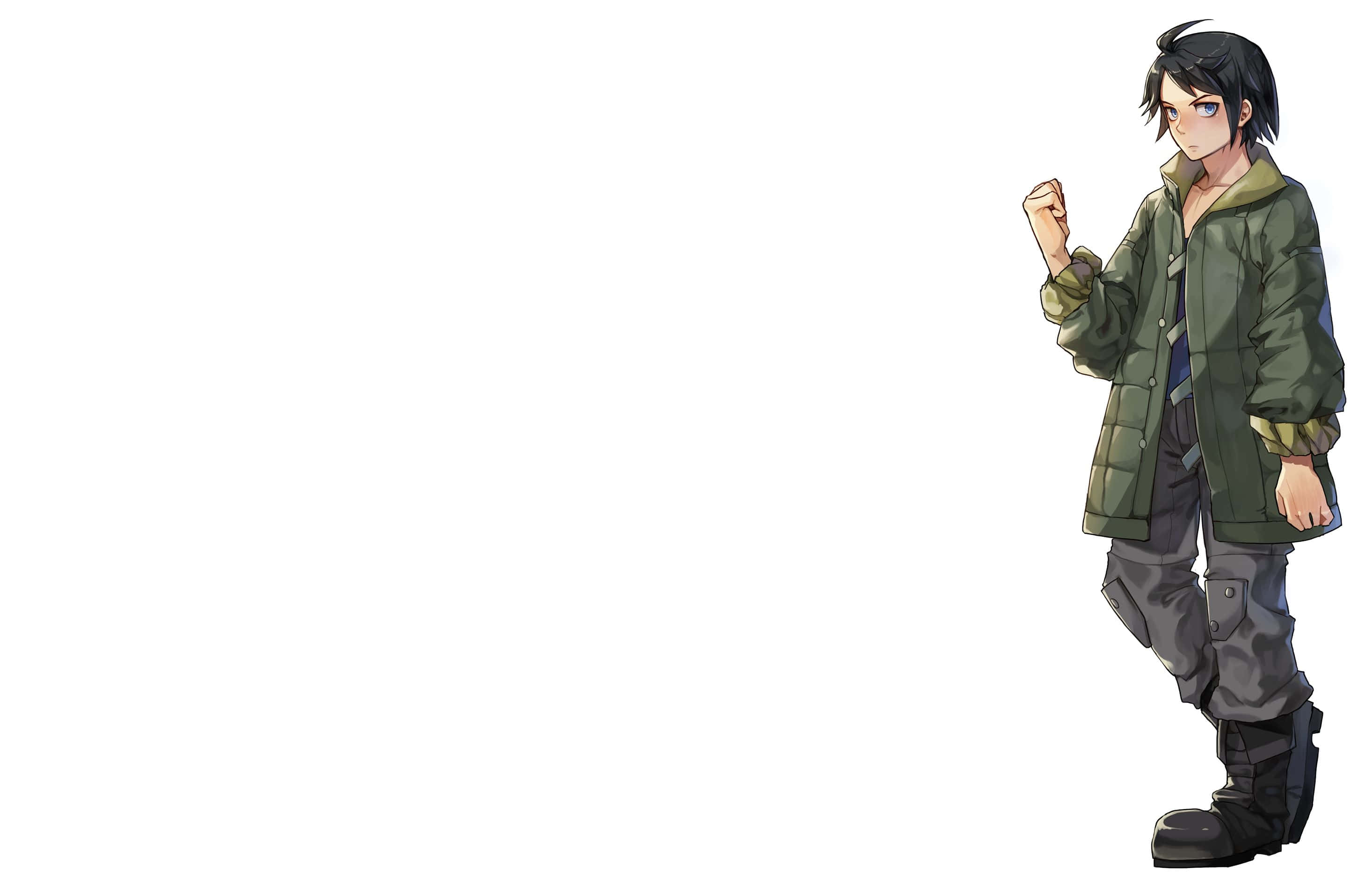 Mobile Suit Gundam Iron-blooded Orphans 桌布 壁紙 — 一個決心堅定的動畫男孩，身穿綠色外套和深色褲子，在純白背景前自信地握緊拳頭站立。