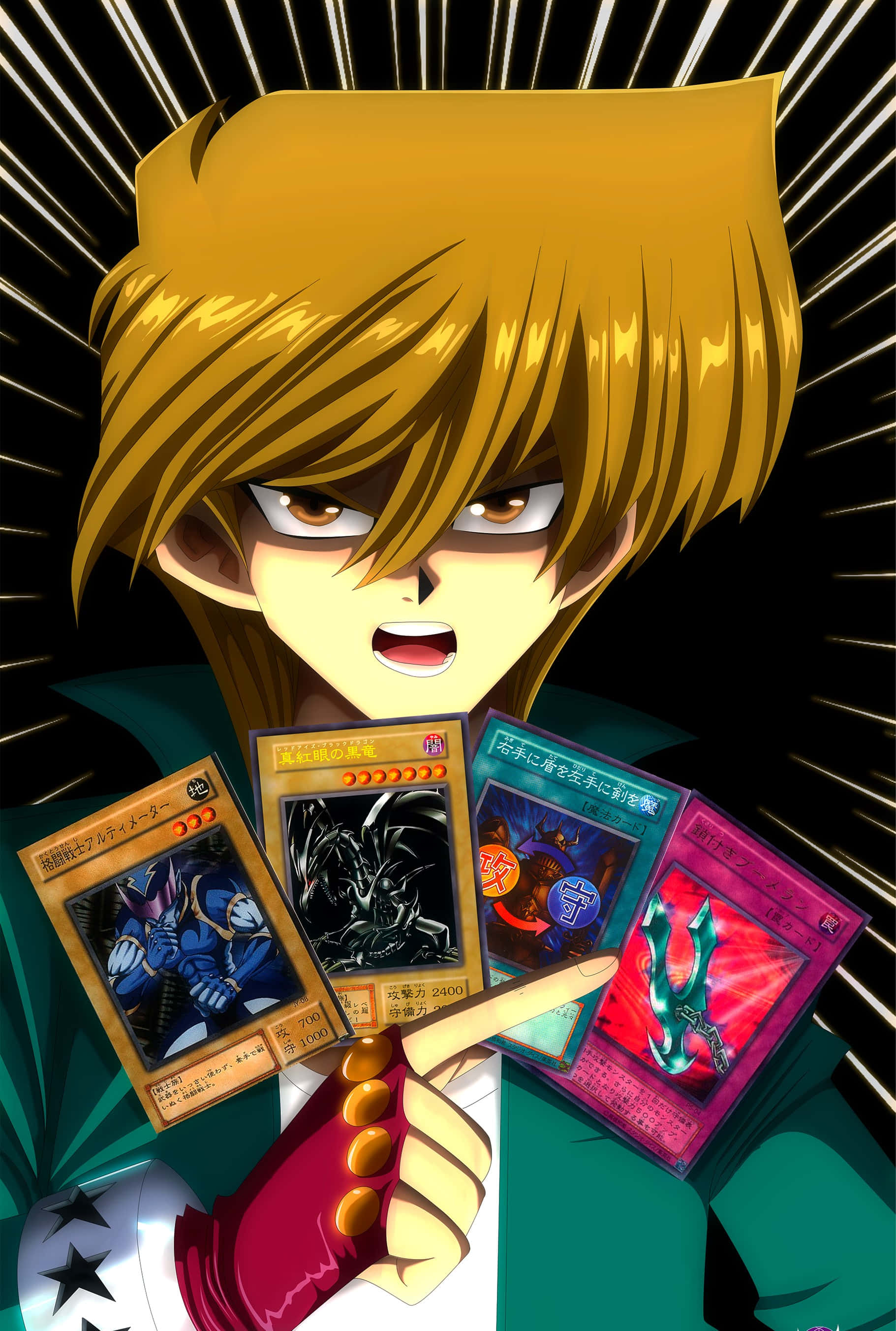 Joey Wheeler 桌布 壁紙 — 一個決心堅定的動畫男孩，金色尖刺頭髮，在黑色背景前手持四張遊戲王集換式卡牌，背景有放射狀白線。