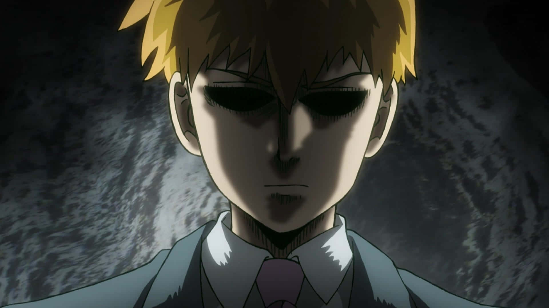 Mob Psycho 桌布 壁紙 — 一個決心堅定的動畫男孩特寫，他有尖刺金髮和深色太陽眼鏡，背景是暴風雨般的灰色。