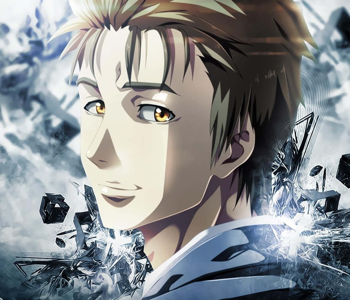 Parasyte 桌布 壁紙 — 一個決心堅定的動畫男性，擁有金色眼睛和尖刺頭髮，從破碎的玻璃中出現，背景是暴風雨的天空。