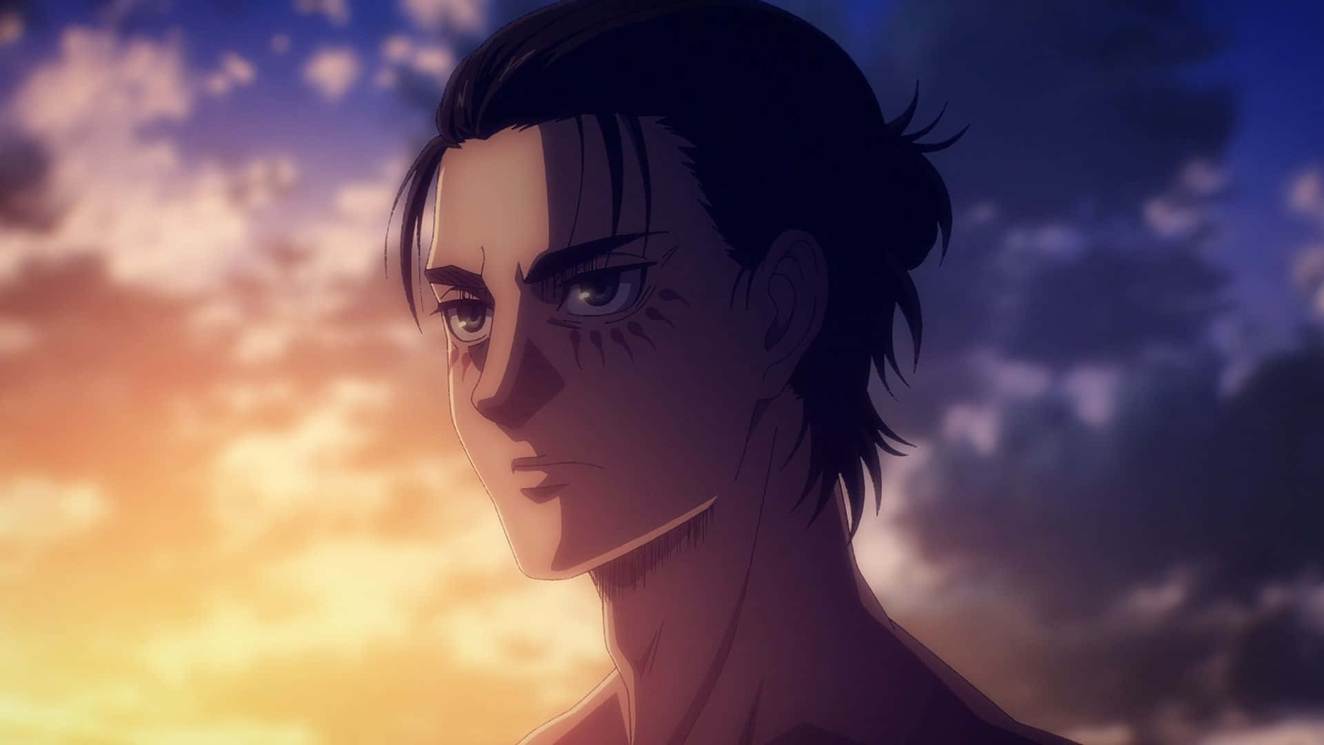 Attack On Titan The Final Season 桌布 壁紙 — 一個決心堅定的動畫男性角色，深色頭髮和臉部標記，在充滿活力的日落天空下向前凝視。