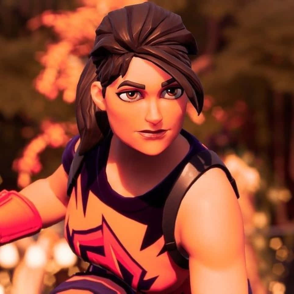 Ramirez Fortnite 桌布 壁紙 — 一個決心堅定的女性角色，深色頭髮紮成髮髻，穿著紫色和橙色服裝，背景溫暖模糊。