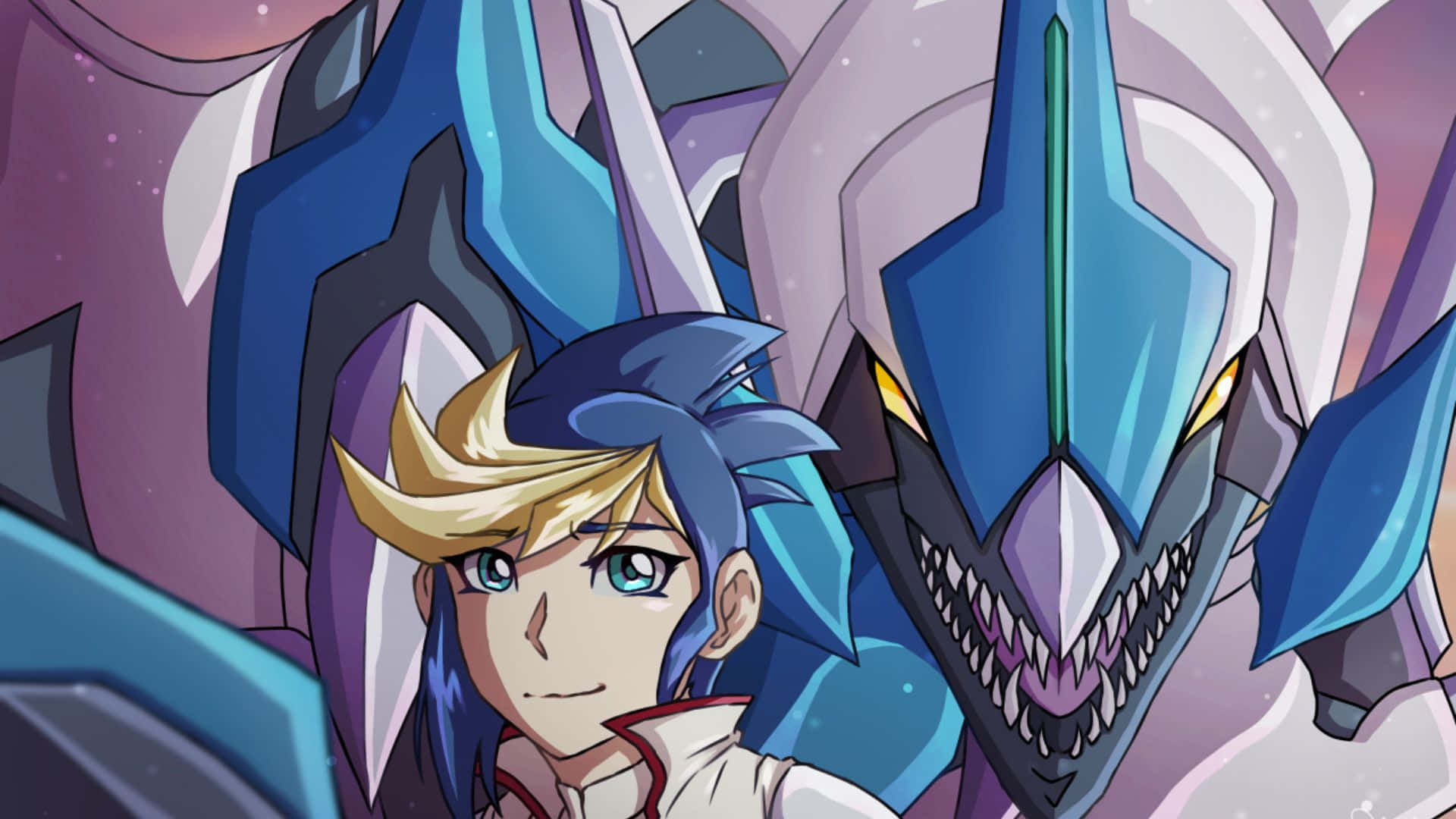 Yu-gi-oh Yugo 桌布 壁紙 — 一個決心堅定的藍髮動畫男孩，在宇宙場景中站在一隻威嚇的藍白機械龍旁邊。