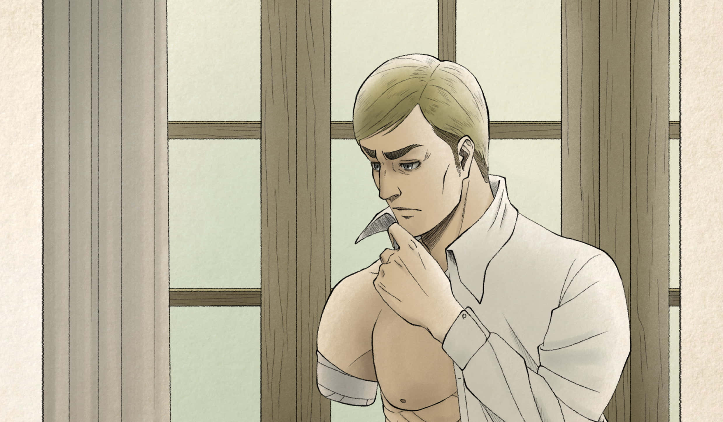 Attack On Titan Season 2 桌布 壁紙 — 一個沉思中的金髮動漫男子站在窗邊，將刀抵在肩上，色調柔和。