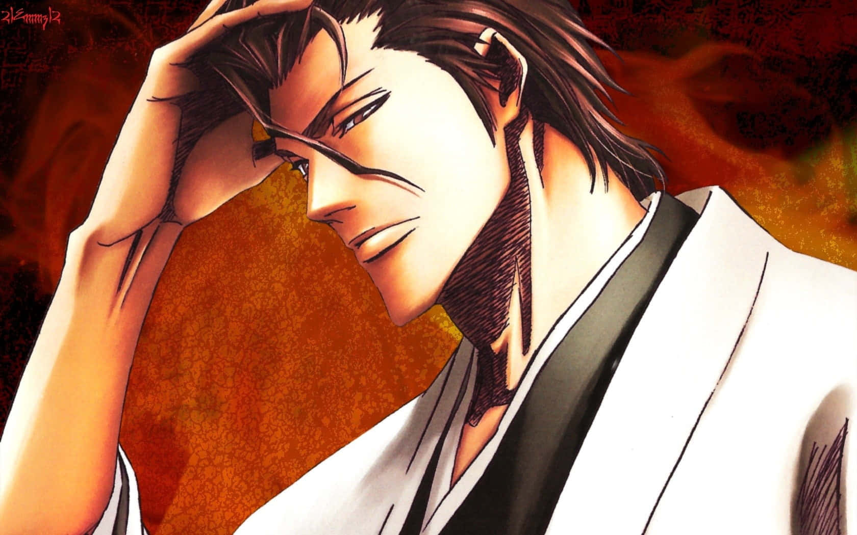 Sosuke Aizen 桌布 壁紙 — 一個沉思的動漫男人穿著白色長袍，在火熱的橙色背景上將頭靠在手上。