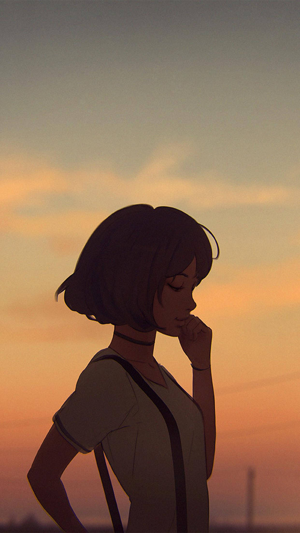 藝術 桌布 壁紙 — 一個沉思的短髮動漫女孩在溫暖的日落天空下以剪影站立，手靠近嘴唇。