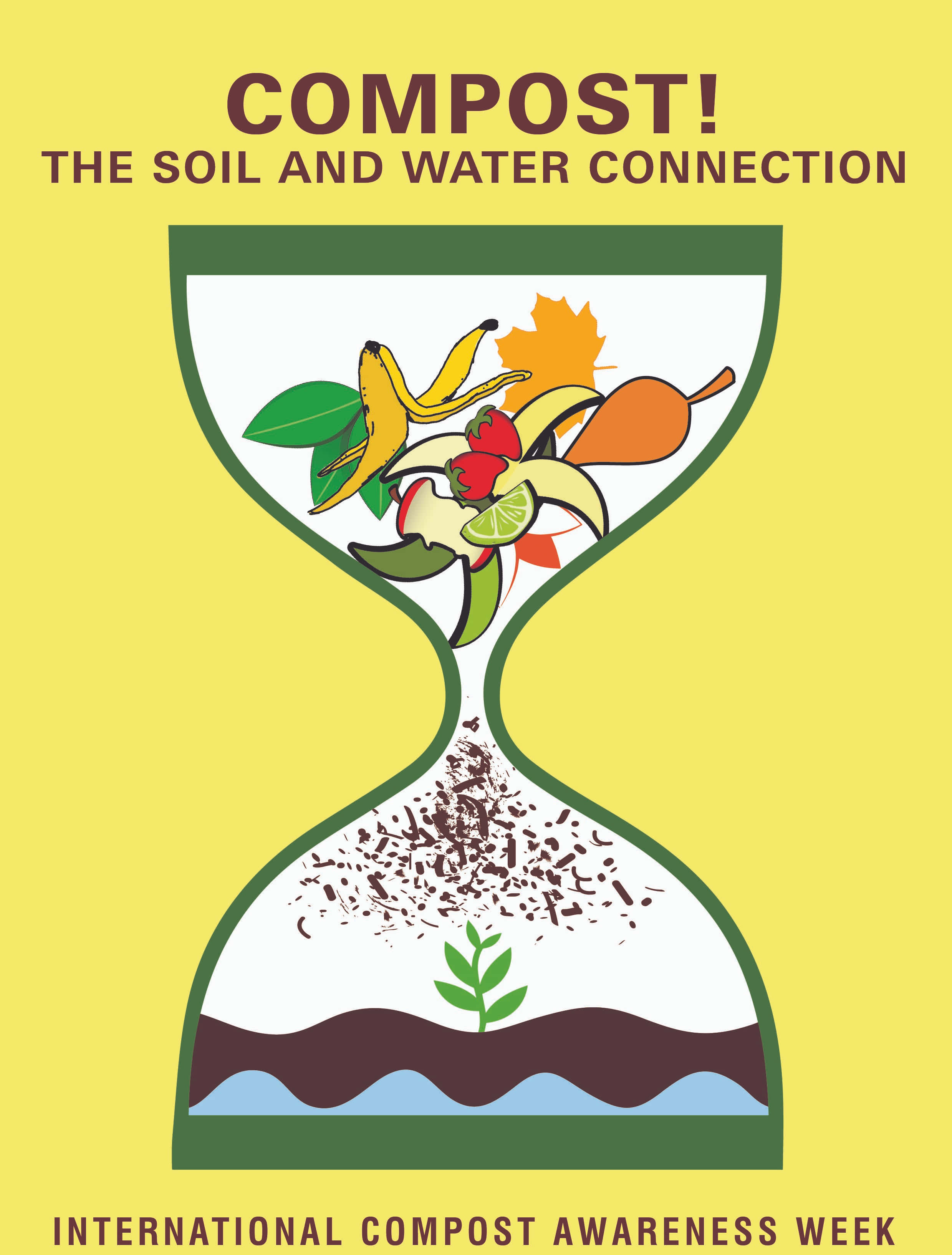 Compost 桌布 壁紙 — 一個沙漏插圖顯示有機廢物轉化為土壤和水，在黃色背景前滋養嫩芽。