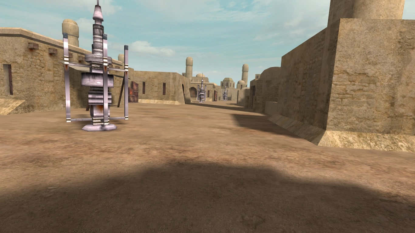 Mos Eisley 桌布 壁紙 — 一個沙漠峽谷小鎮，有石頭建築和一個金屬機械人站在塵土飛揚的前景中，天空明亮。