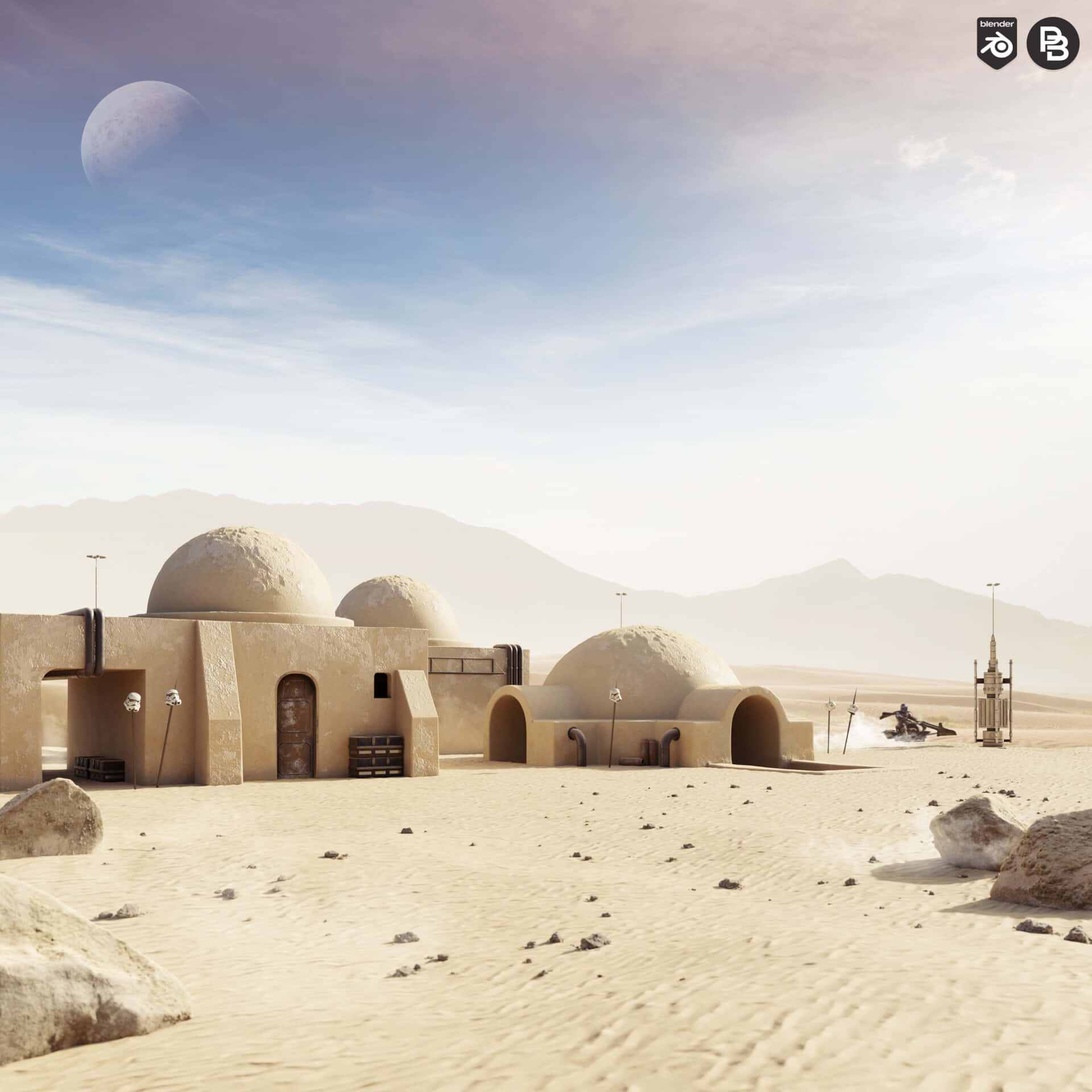 Tatooine 桌布 壁紙 — 一個沙漠星球定居點，圓頂建築在藍天下，有巨大的月亮和遠山。