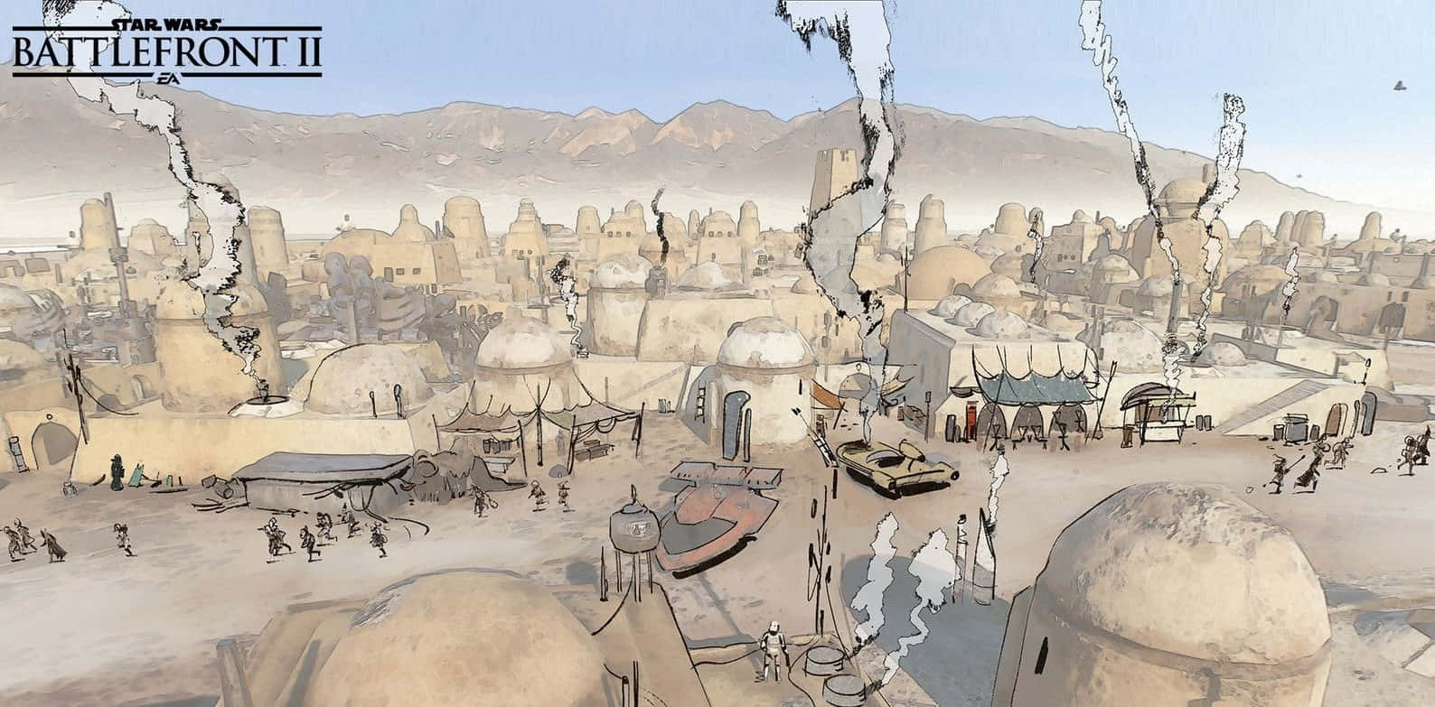 Mos Eisley 桌布 壁紙 — 一個沙漠星球小鎮，擁有圓頂建築，在蒼白的天空下，戰鬥損壞處升起煙霧。