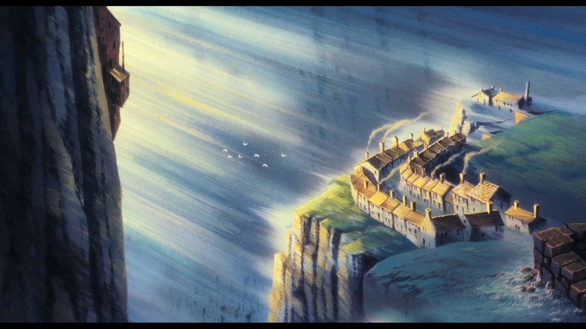 Laputa Castle In The Sky 桌布 壁紙 — 一個沿海村莊依附在懸崖邊，天空壯麗，鳥兒在頭頂飛翔。