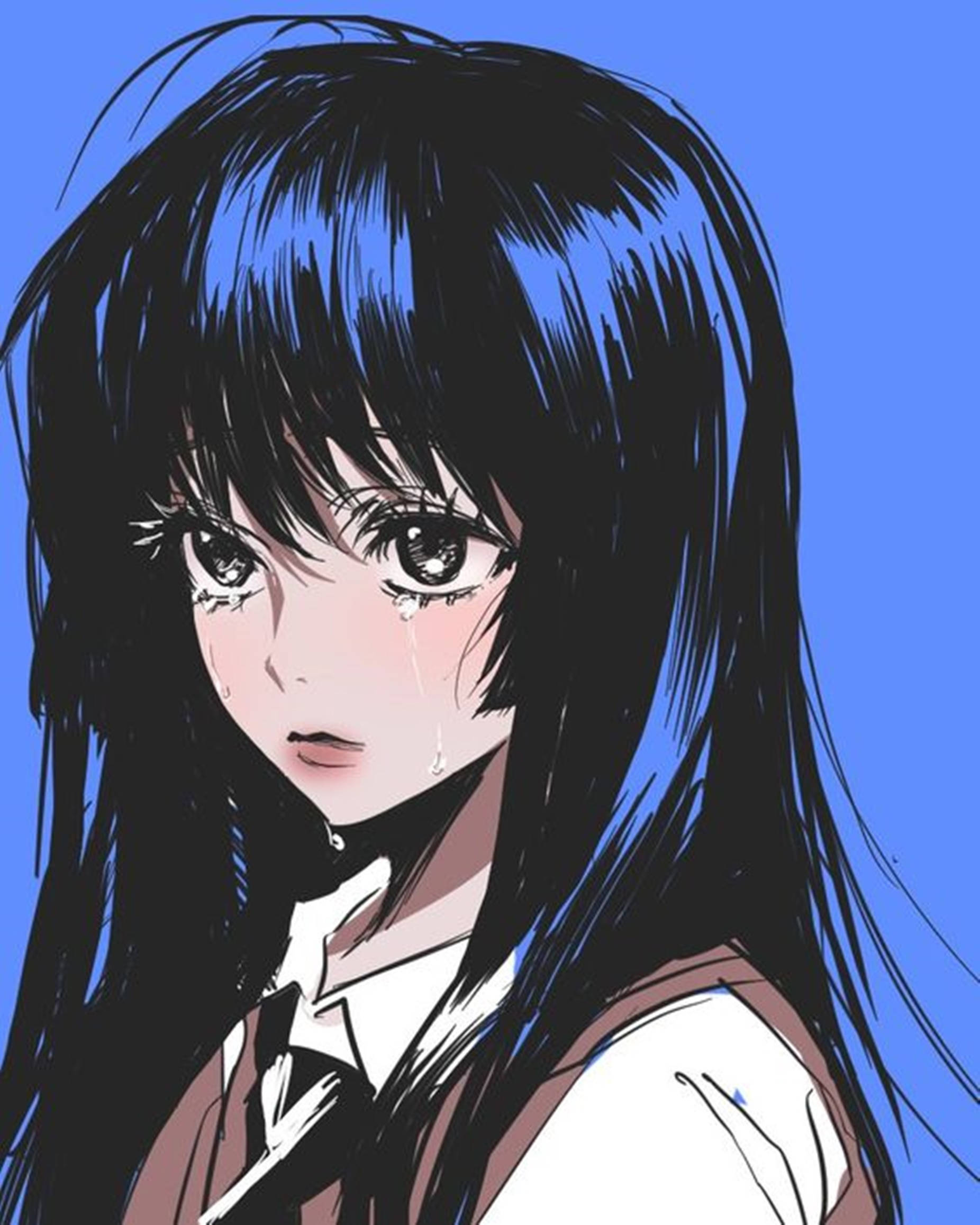 動漫女孩 桌布 壁紙 — 一個流淚的動漫女孩，長長的黑髮和校服，背景是純藍色。