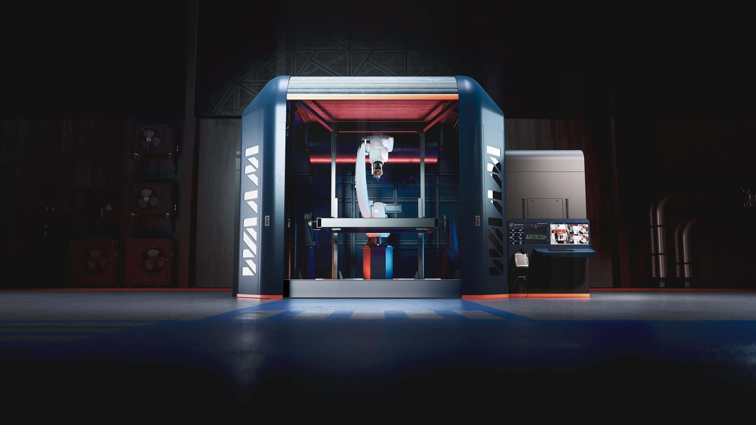3d Printer 桌布 壁紙 — 一個流線型的機械臂在昏暗的工廠內，於一台未來風格的藍色和紅色工業機器中運作。