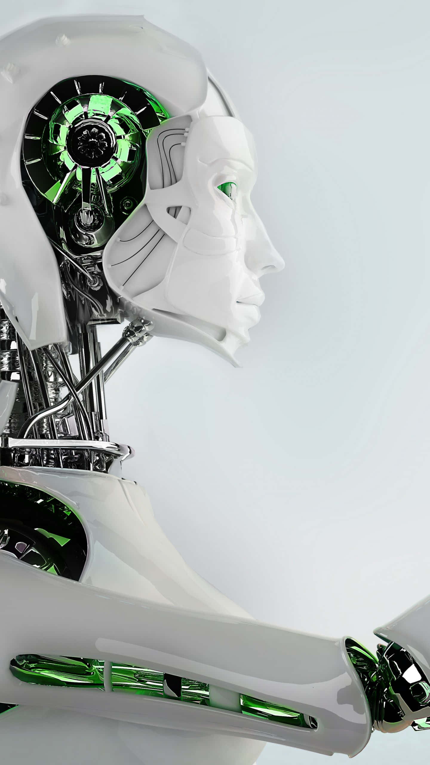 3d Technology 桌布 壁紙 — 一個流線型的白色人形機械人側面，在柔和的灰色背景上顯露出發光的綠色內部齒輪和電路。