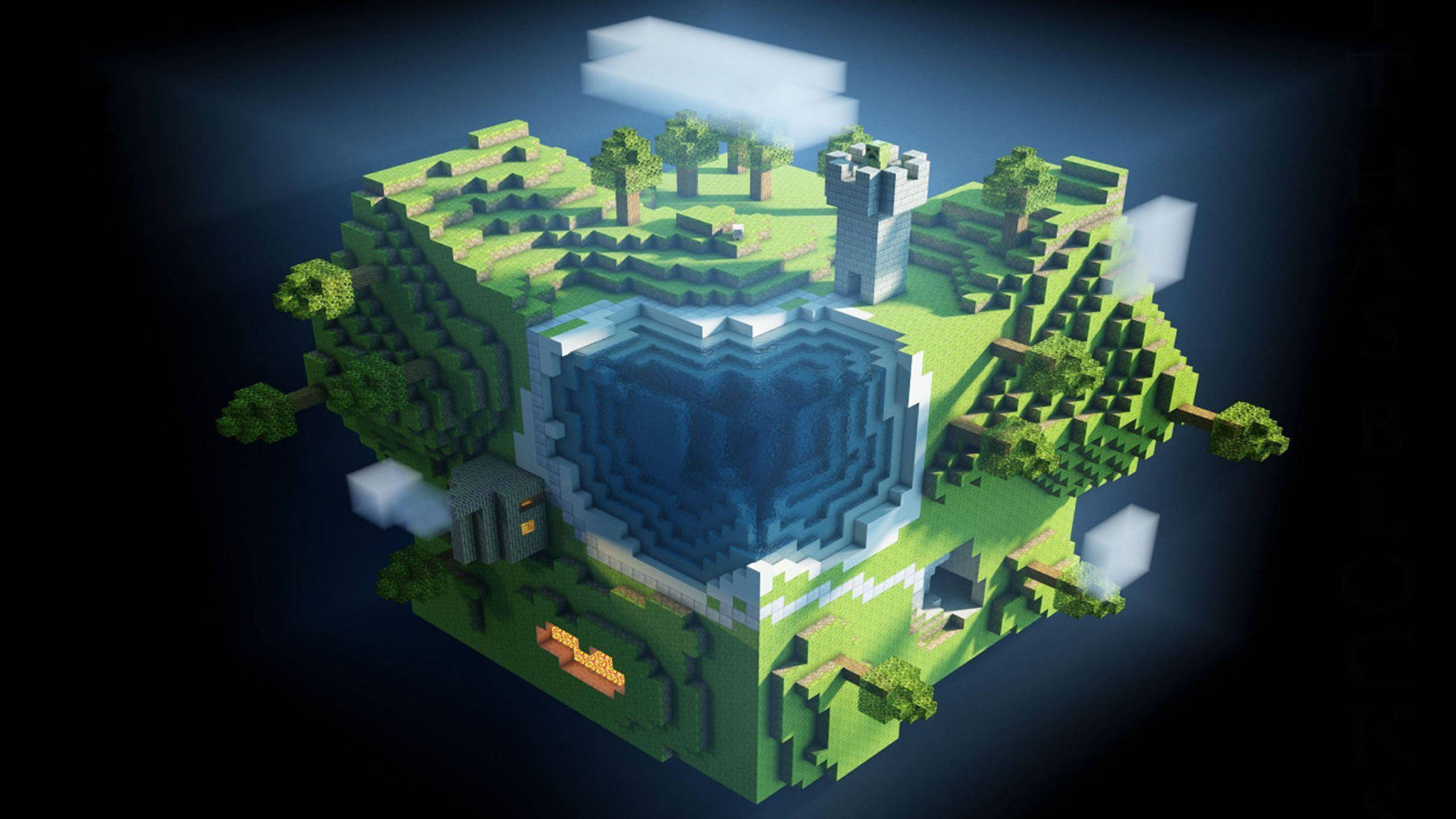 遊戲 桌布 壁紙 — 一個浮空的Minecraft島嶼，中央有海洋生物群落，周圍是草地丘陵、樹木和一座城堡，天空陰暗有雲。