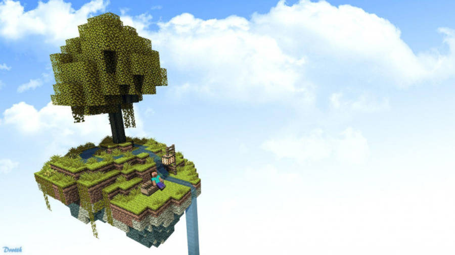 樹 桌布 壁紙 — 一個浮空的Minecraft島嶼，上面有一棵樹和一個玩家角色，背景是明亮的藍天和蓬鬆的雲朵。