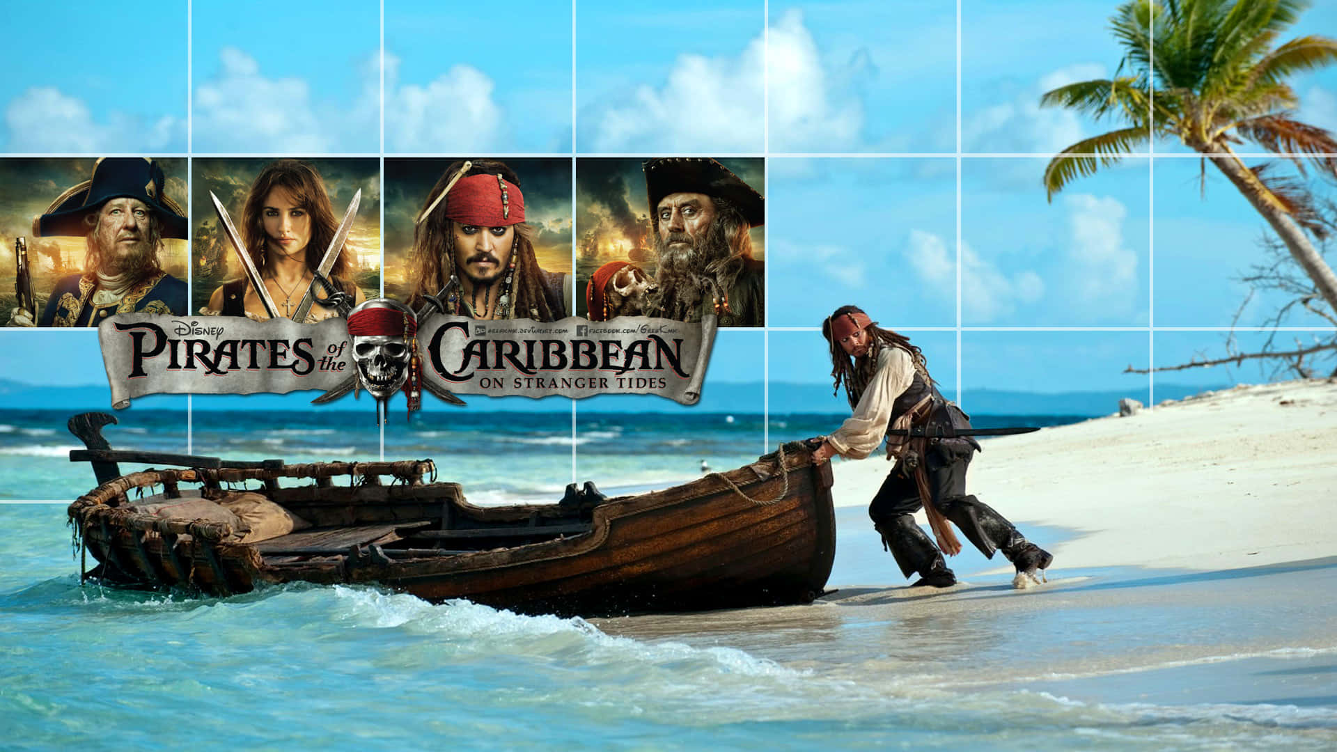 Pirates Of The Caribbean 桌布 壁紙 — 一個海盜拖著一艘破爛的船到一個熱帶海灘上，天空湛藍，有棕櫚樹和電影角色肖像在上方。
