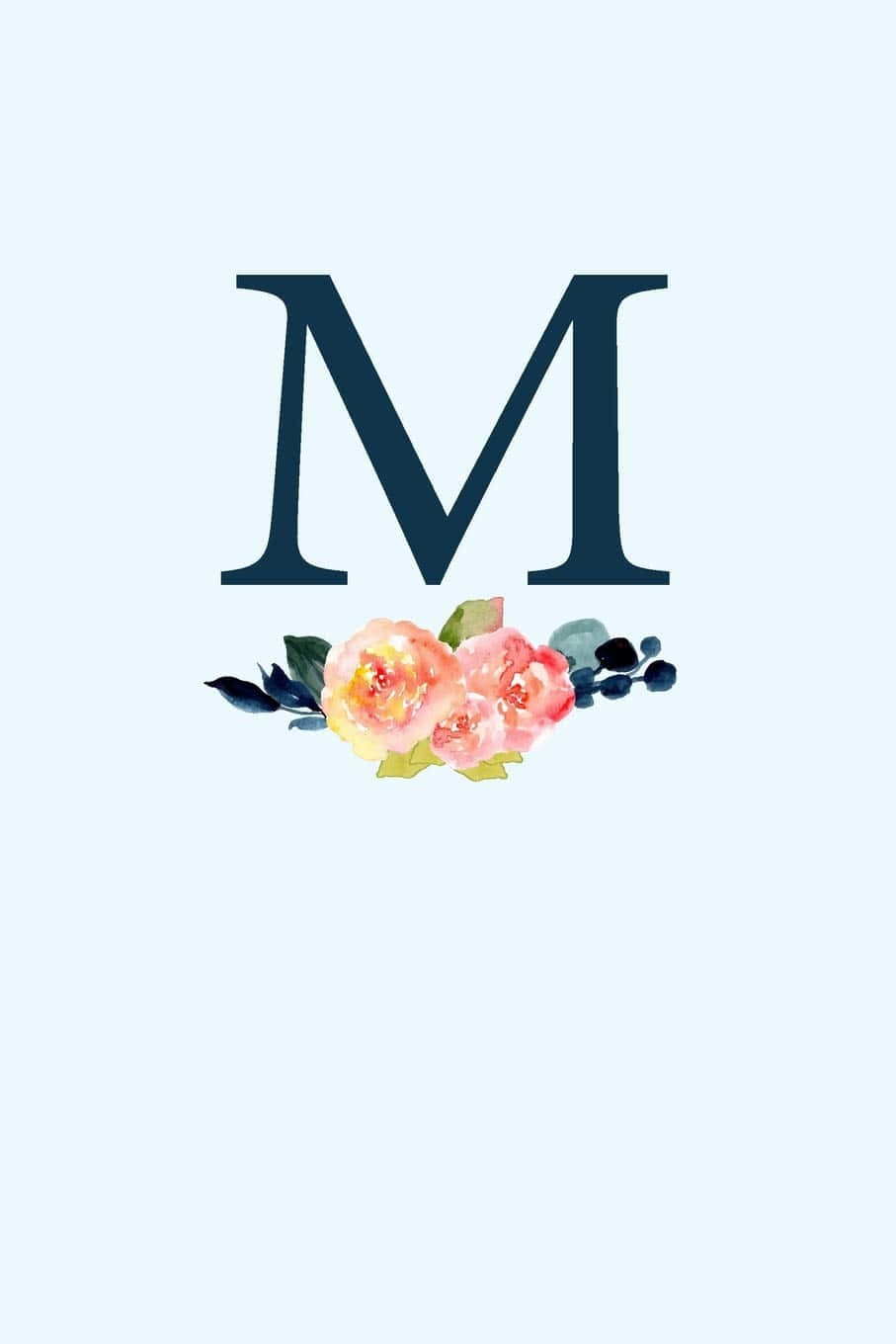 m 桌布 壁紙 — 一個海軍藍色字母M，以水彩粉紅玫瑰和綠色植物點綴在淡藍色背景上。