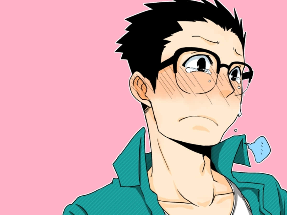 Kain Fuery 桌布 壁紙 — 一個淚眼汪汪、戴眼鏡、穿綠色外套的動漫男子，在純粉紅色背景前哭泣。