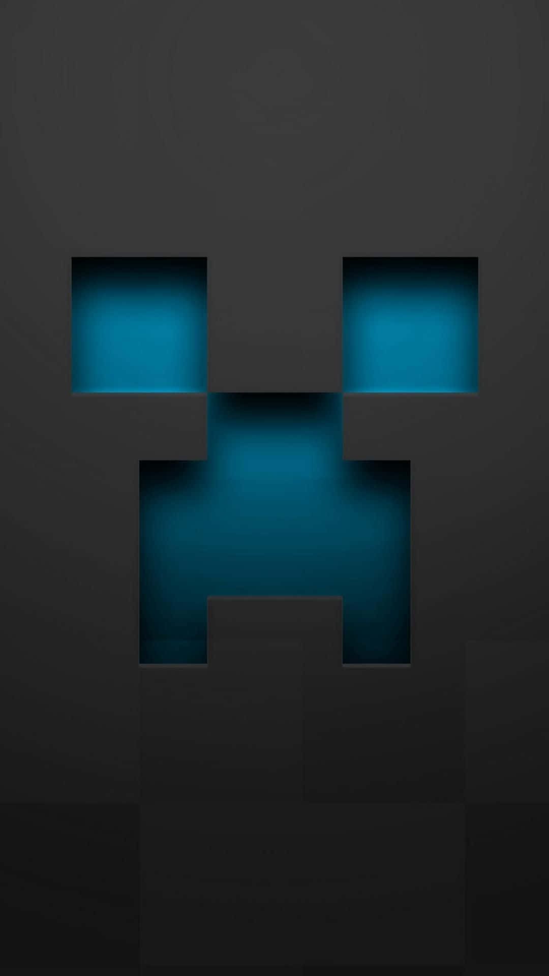 Minecraft Phone 桌布 壁紙 — 一個深灰色像素化的苦力怕臉，帶有發光的藍色眼睛和嘴巴，Minecraft風格。