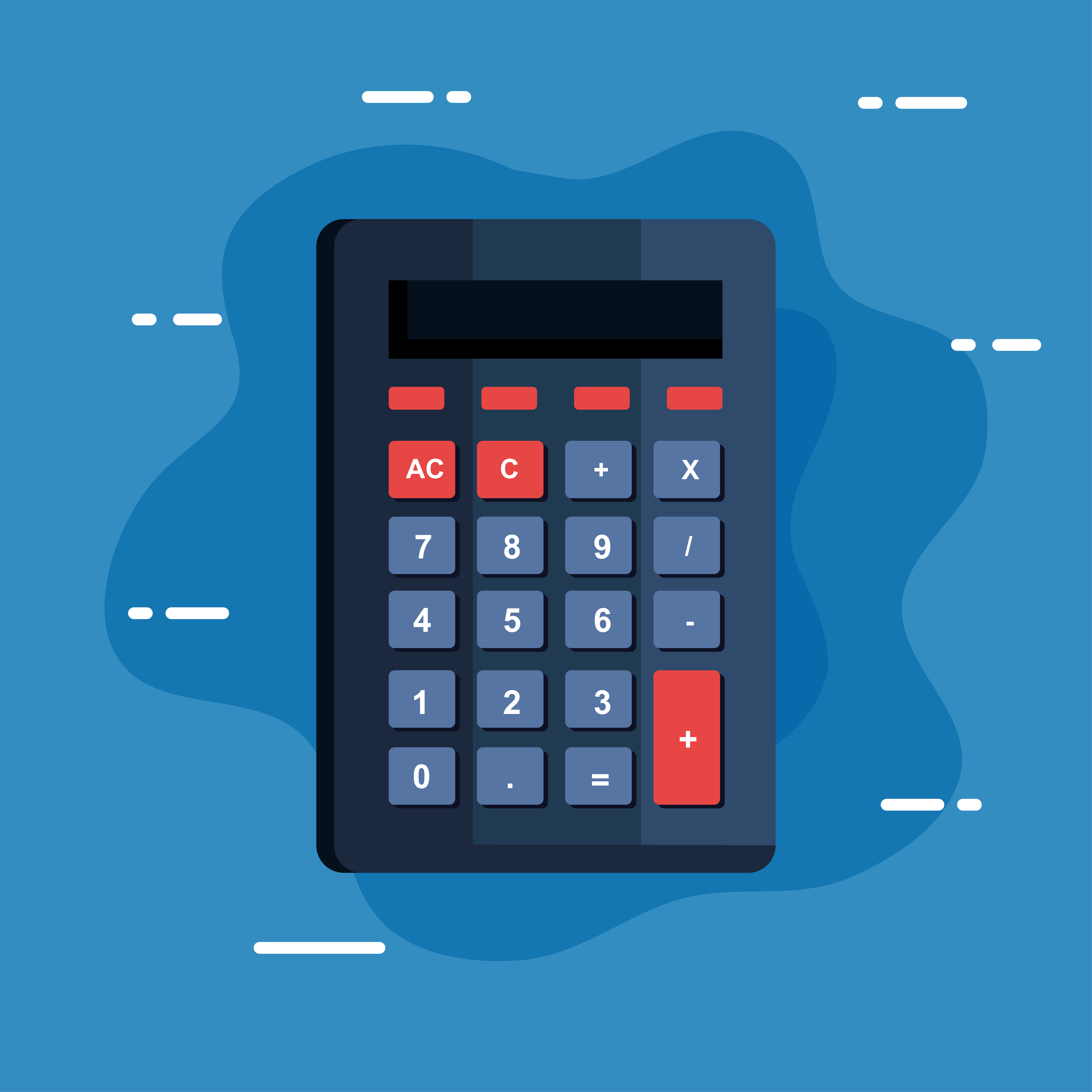 Calculator 桌布 壁紙 — 一個深灰色計算機，帶有紅色和藍色按鈕，漂浮在帶有白色虛線和抽象形狀的藍色背景上。