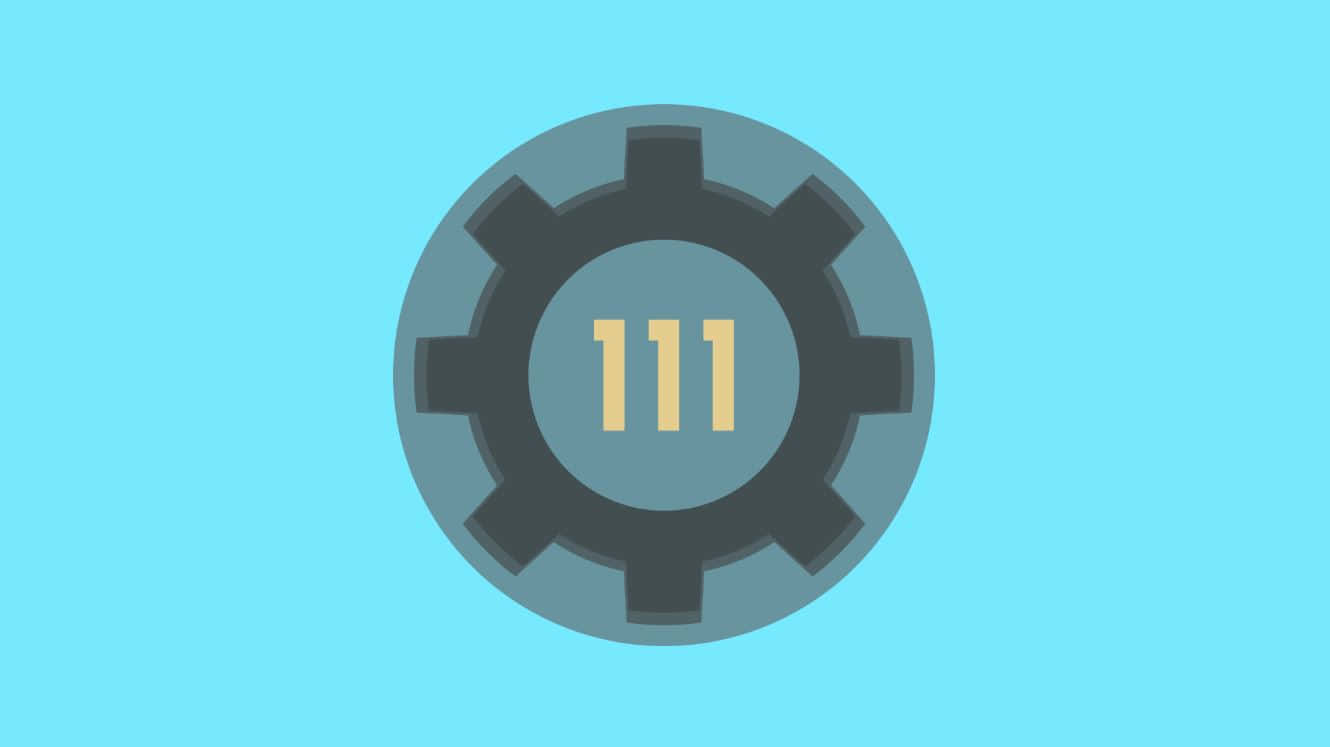Fallout 4 Vault 桌布 壁紙 — 一個深灰色齒輪圖示，中央有黃色數字111，置於純淺藍色背景上。