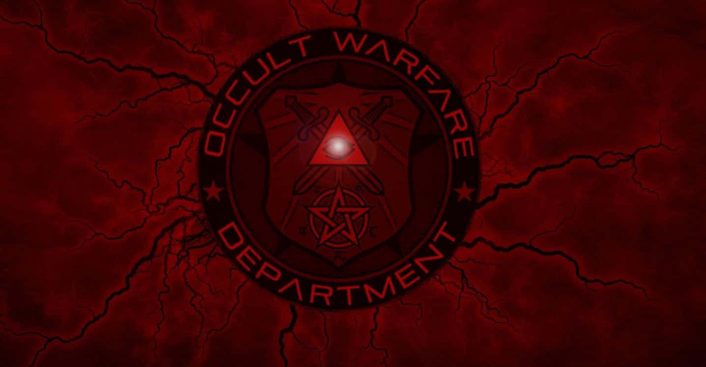 Occult 桌布 壁紙 — 一個深紅色的神秘戰爭部門徽章在裂開的、像血一樣的背景上發光，並伴有閃電。