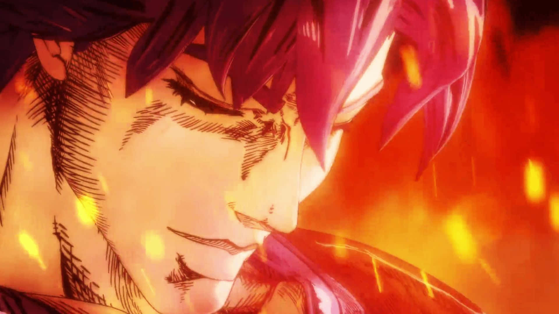 Jonathan Joestar 桌布 壁紙 — 一個深紅色頭髮、眼神銳利的動漫角色特寫，周圍環繞著熾熱的橙色和黃色火花。