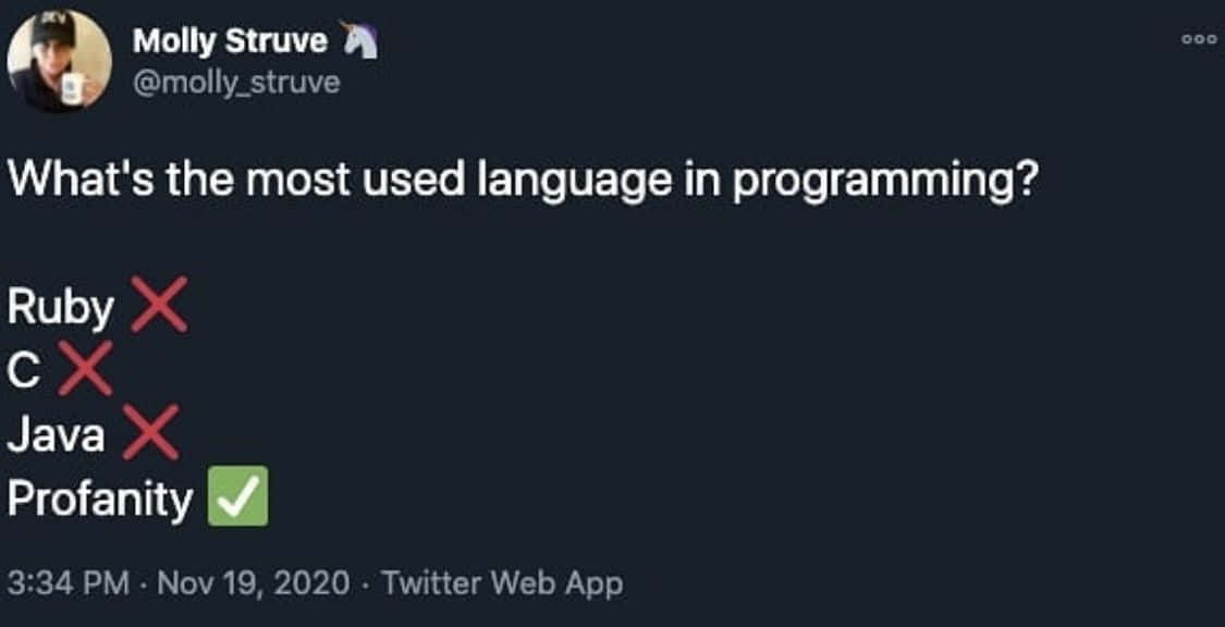 Technology Humor Memes 桌布 壁紙 — 一個深色主題的Twitter帖子幽默地宣稱「粗口」是最常用的程式語言，並帶有綠色勾號。