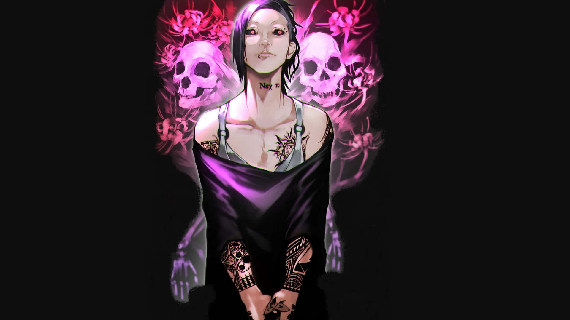 Tokyo Ghoul Uta 桌布 壁紙 — 一個深色動漫女孩，紫色頭髮和紋身，站在黑色背景前發光的粉紅色頭骨和花朵前。