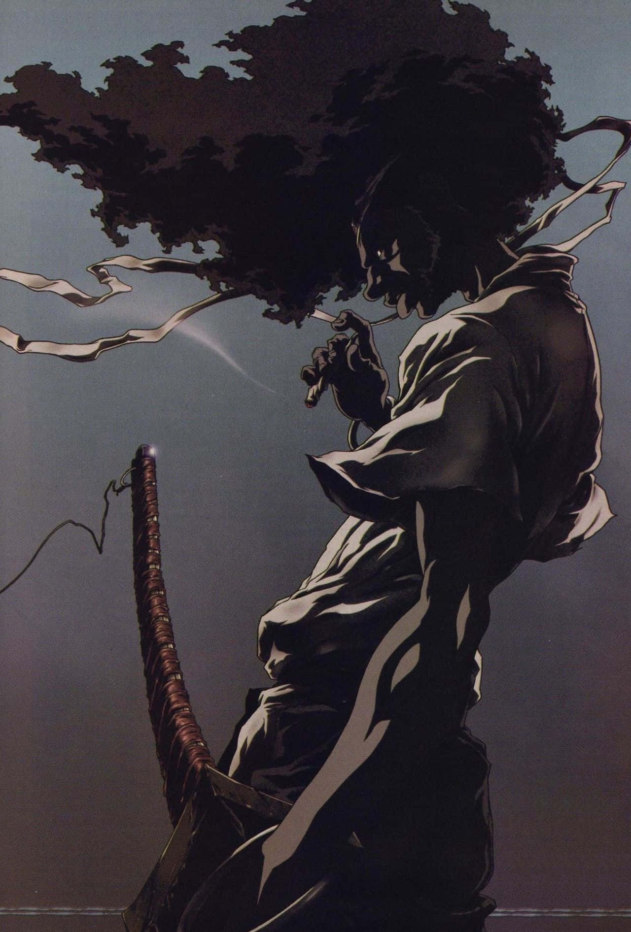 Afro Samurai 桌布 壁紙 — 一個深色動漫戰士，留著非洲式髮型，在柔和的灰色背景前抽煙，手持武士刀。