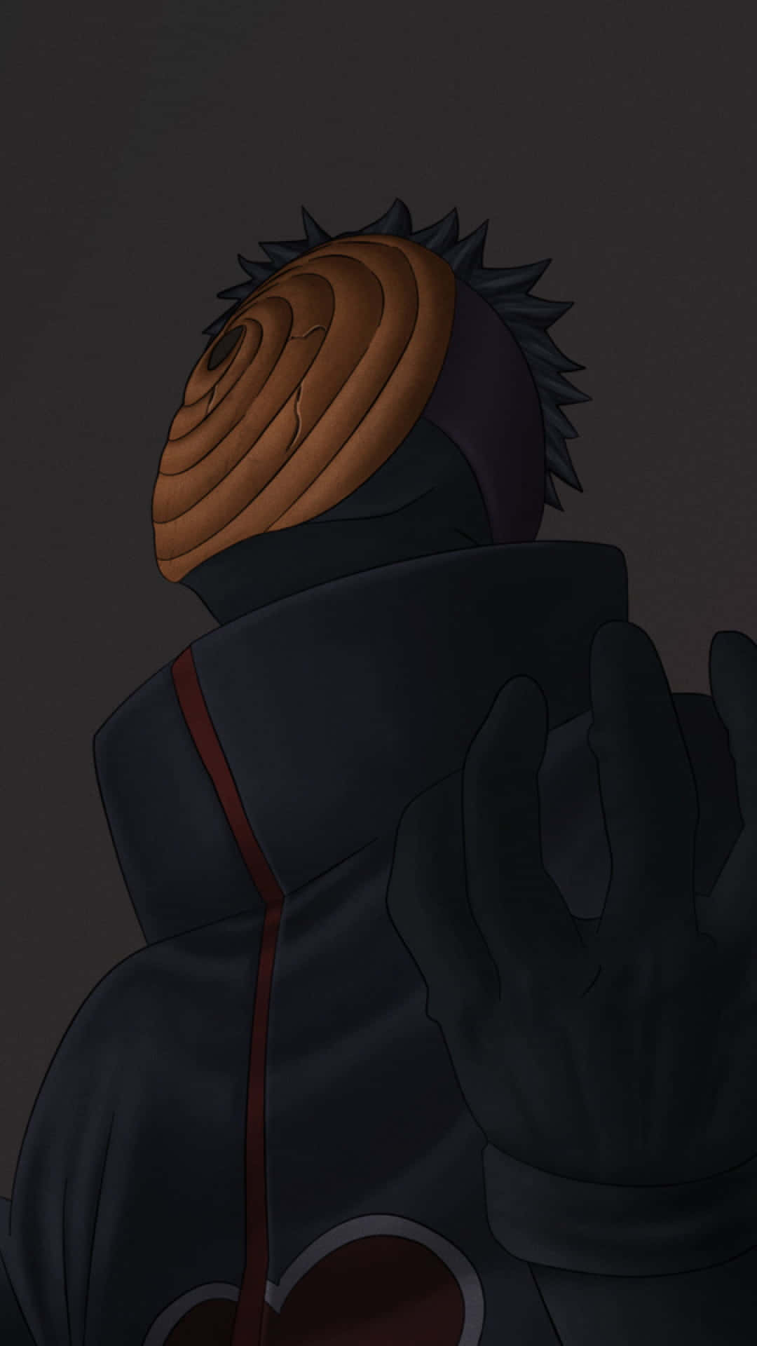 Akatsuki Tobi 桌布 壁紙 — 一個深色動漫角色，戴著螺旋面具，頭髮尖刺，從背後觀看，背景為柔和的灰色。