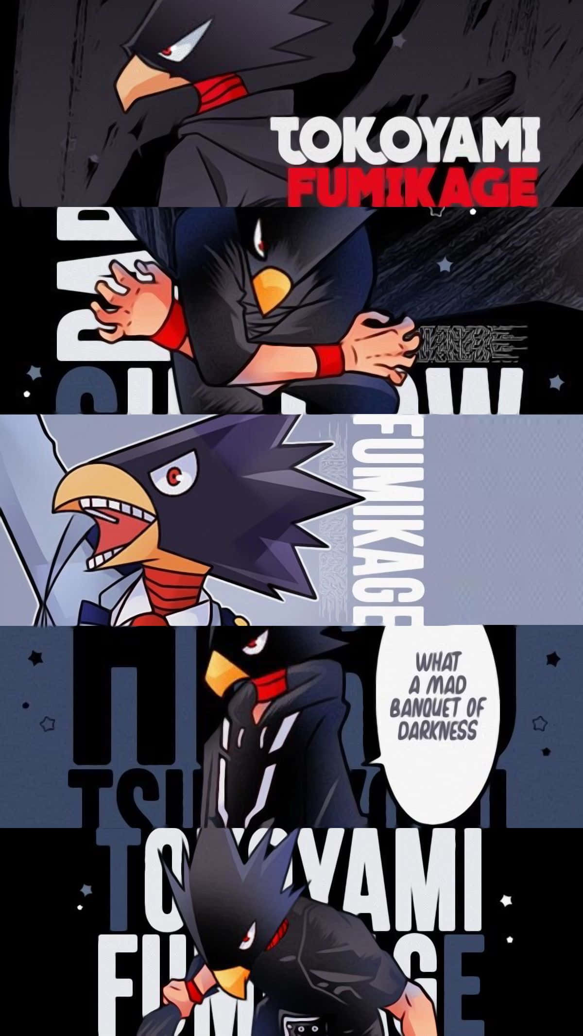Fumikage Tokoyami 桌布 壁紙 — 一個深色動漫角色，擁有黑色尖刺頭髮和紅色點綴，在動態漫畫面板中帶有粗體文字和對話氣泡。