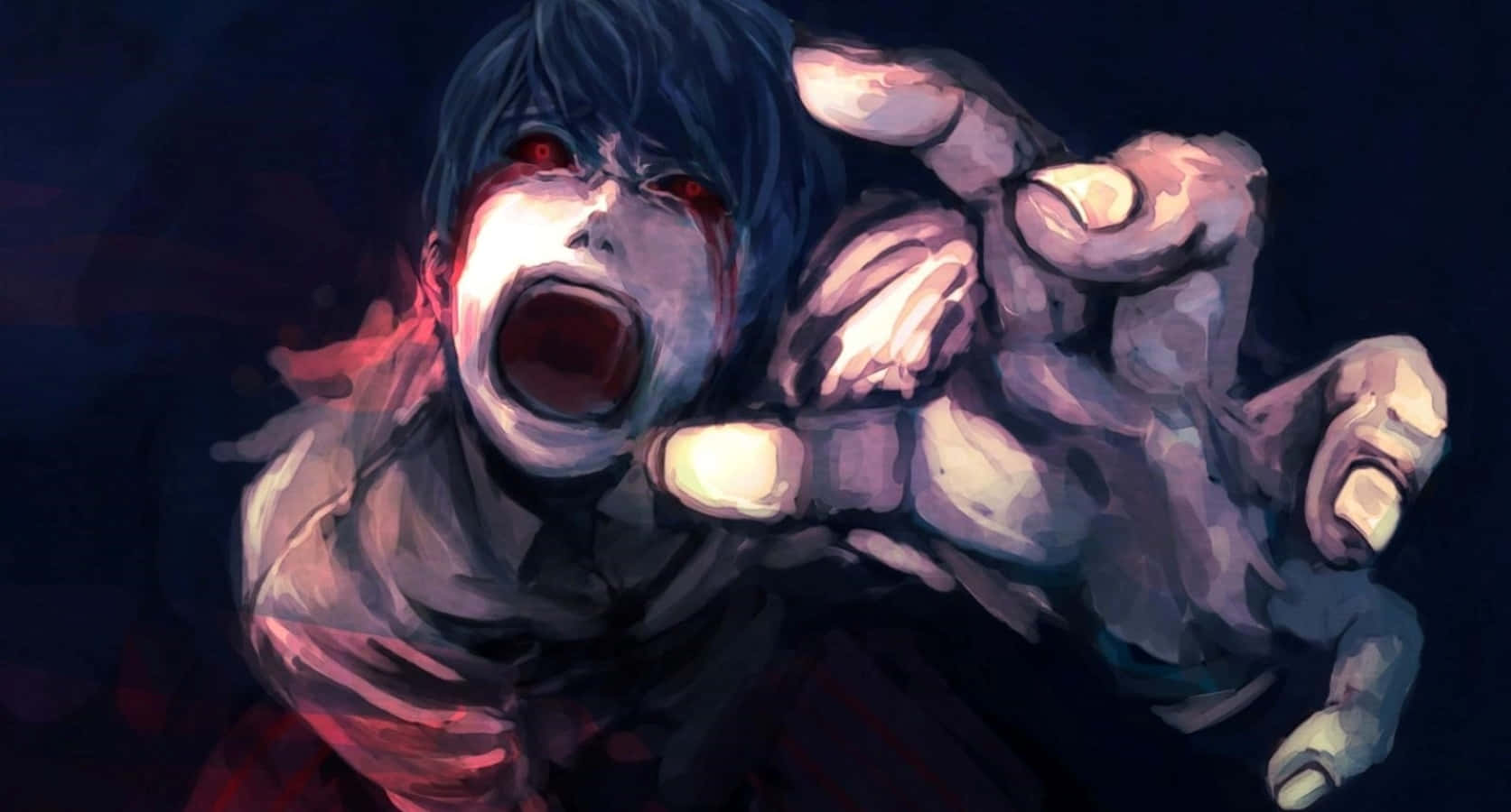 Shuu Tsukiyama 桌布 壁紙 — 一個深色動漫角色，紅眼睛，被一隻巨手從後面抓住，在戲劇性的場景中尖叫。