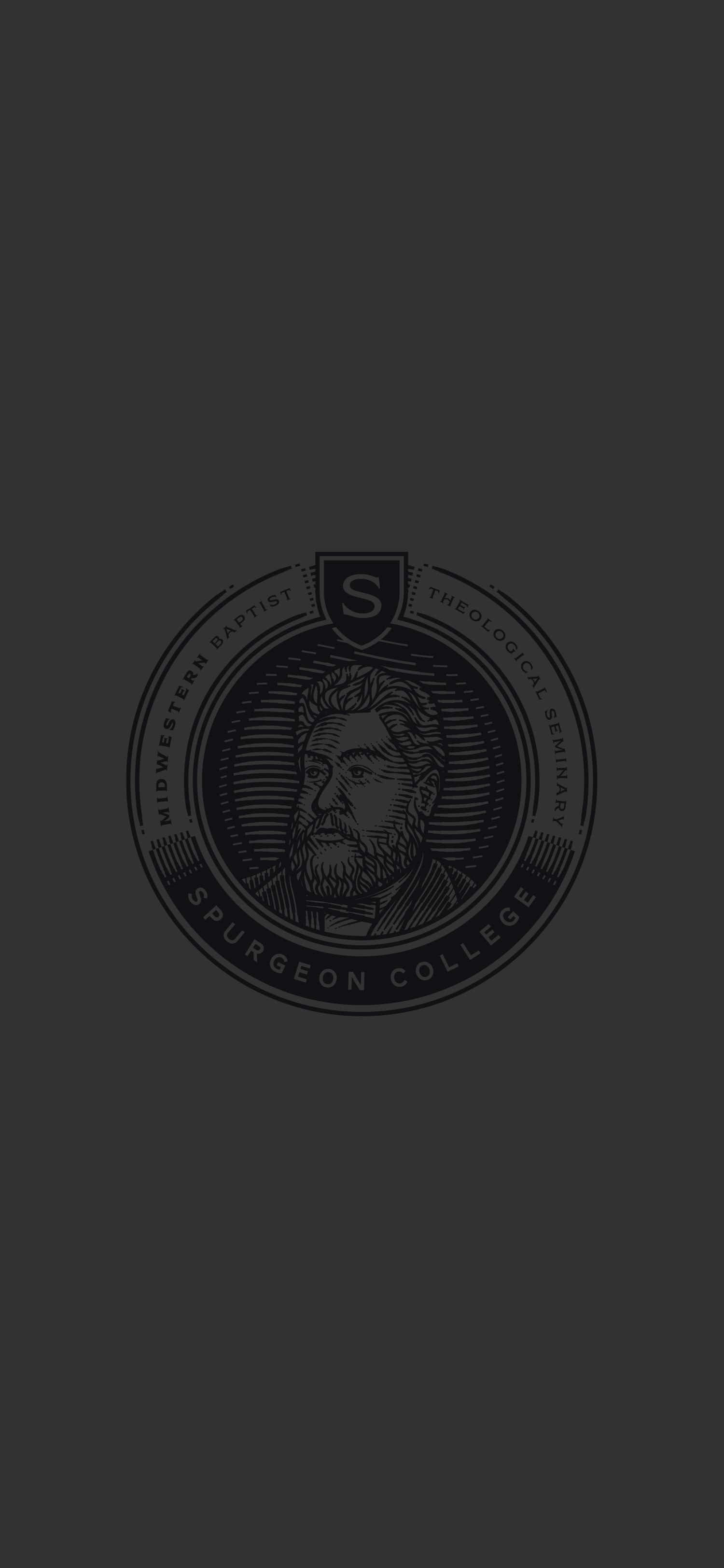 Theology 桌布 壁紙 — 一個深色單色徽章，在圓形印章內包含一個鬍鬚男子的肖像，用於Spurgeon College。