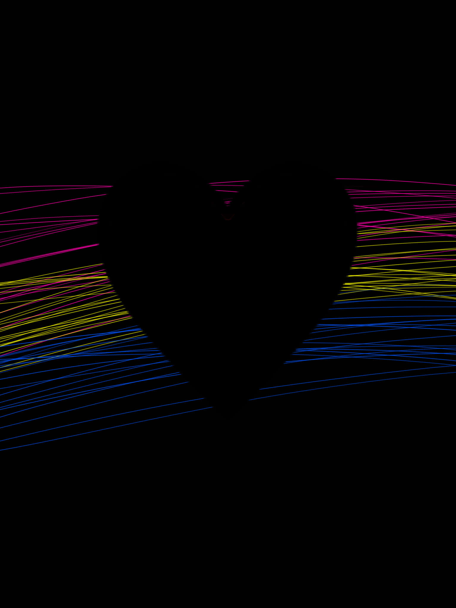 Pansexual 桌布 壁紙 — 一個深色心形剪影在黑色背景上跳動，並有洋紅色、黃色和藍色的光線向外輻射。